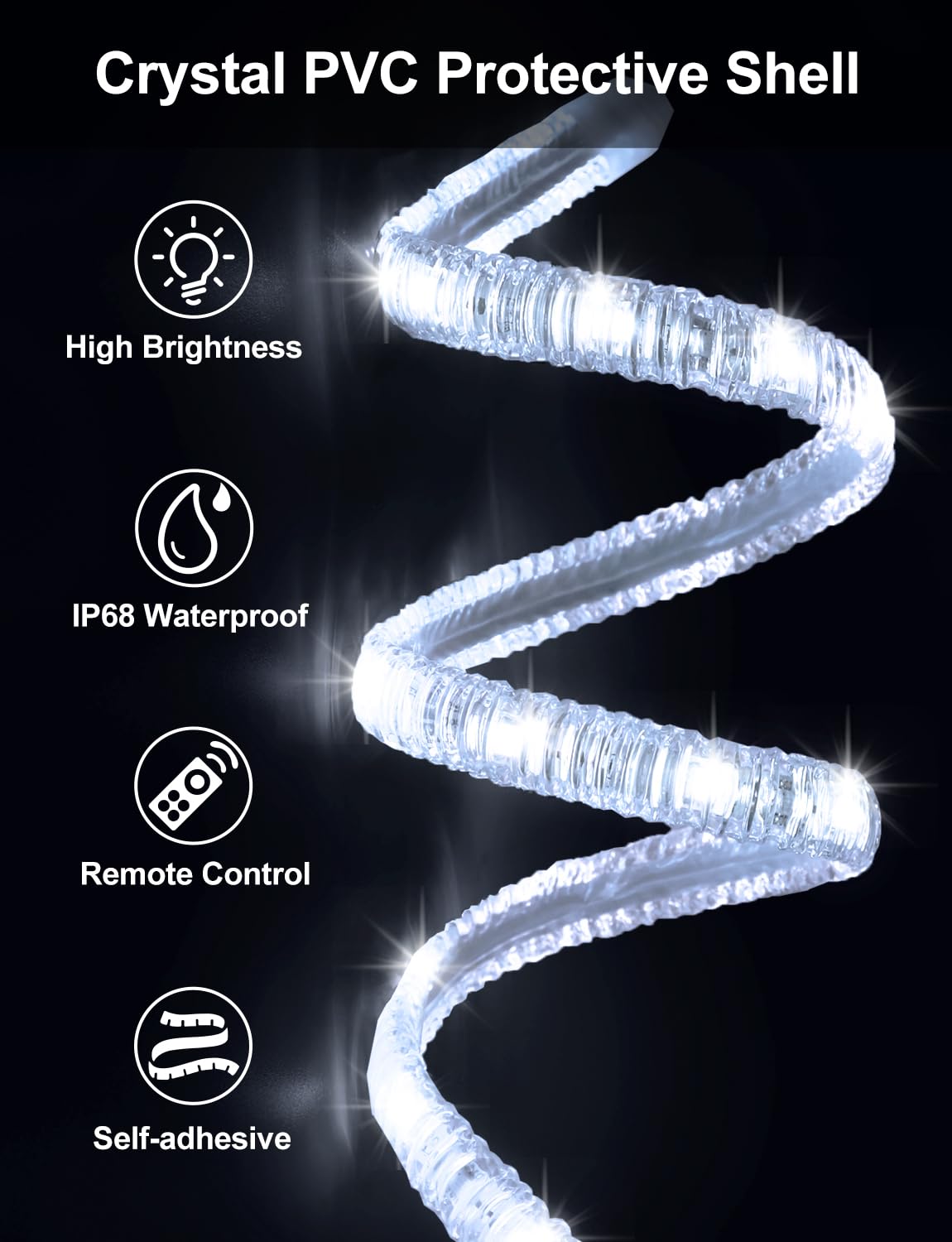 Echosari 33ft Waterproof Outdoor Rope Lights with Remote & Timer - Crystal Covered Ripple LED Strip Lights for Bedroom, Party, Garden, Patio Decor (Cool White) | DIY Flexible Lighting for Weddings, Holidays & Landscape