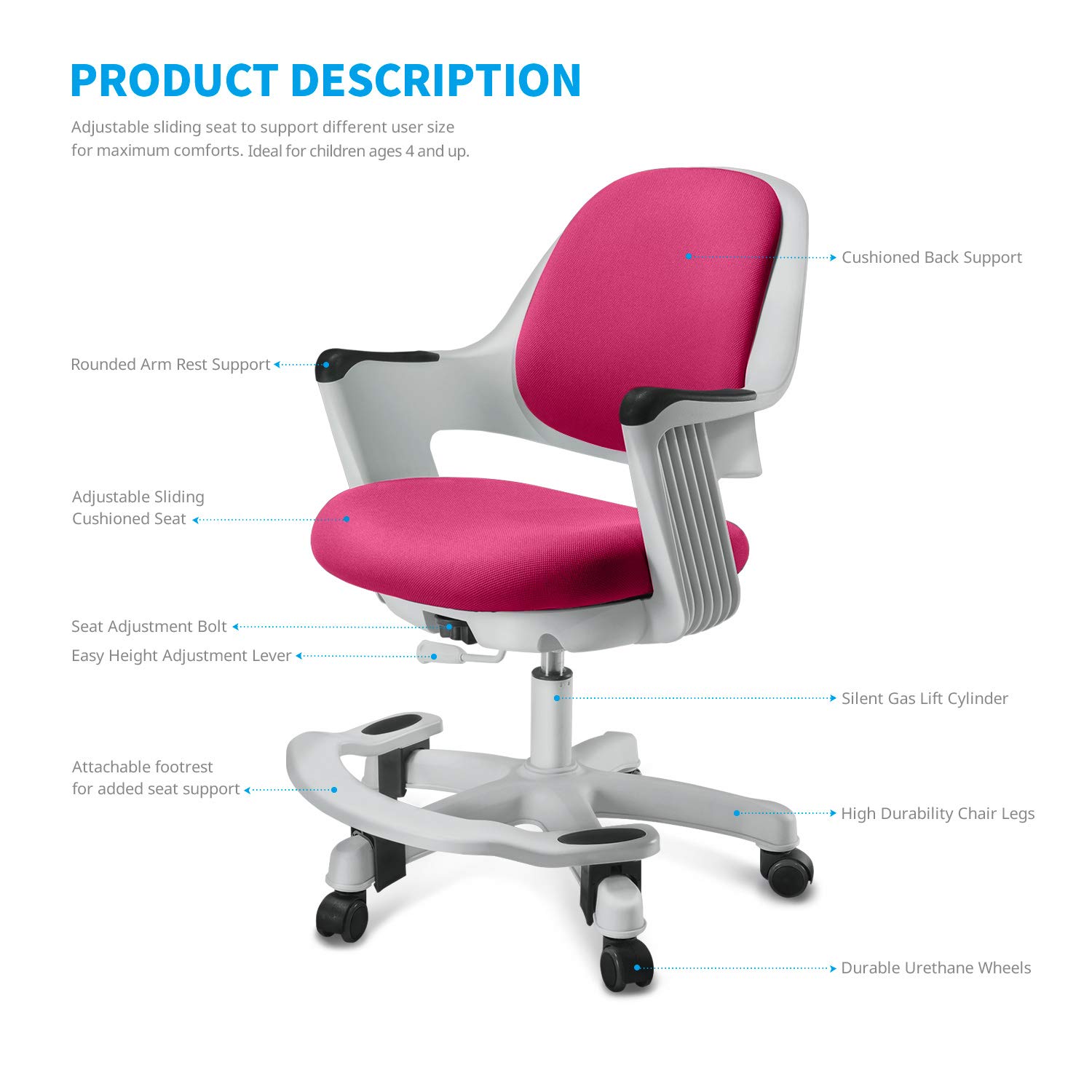 Ergonomic Kids Desk Chair with Adjustable Height & Footrest - Comfortable Cushion & Smooth Rolling Wheels - Study & Computer Chair for Children & Students (Rosie Pink) - Perfect for Homework, Online Learning & Gaming Setup