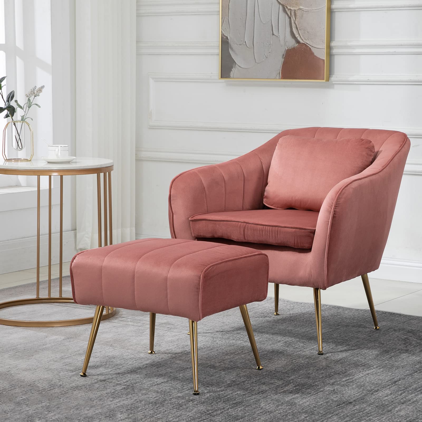 Modern Velvet Accent Armchair with Ottoman & Lumbar Pillow - Pink Barrel Chair with Golden Legs for Living Room, Bedroom & Vanity - Cozy Seating for Relaxing, Reading & Makeup Areas