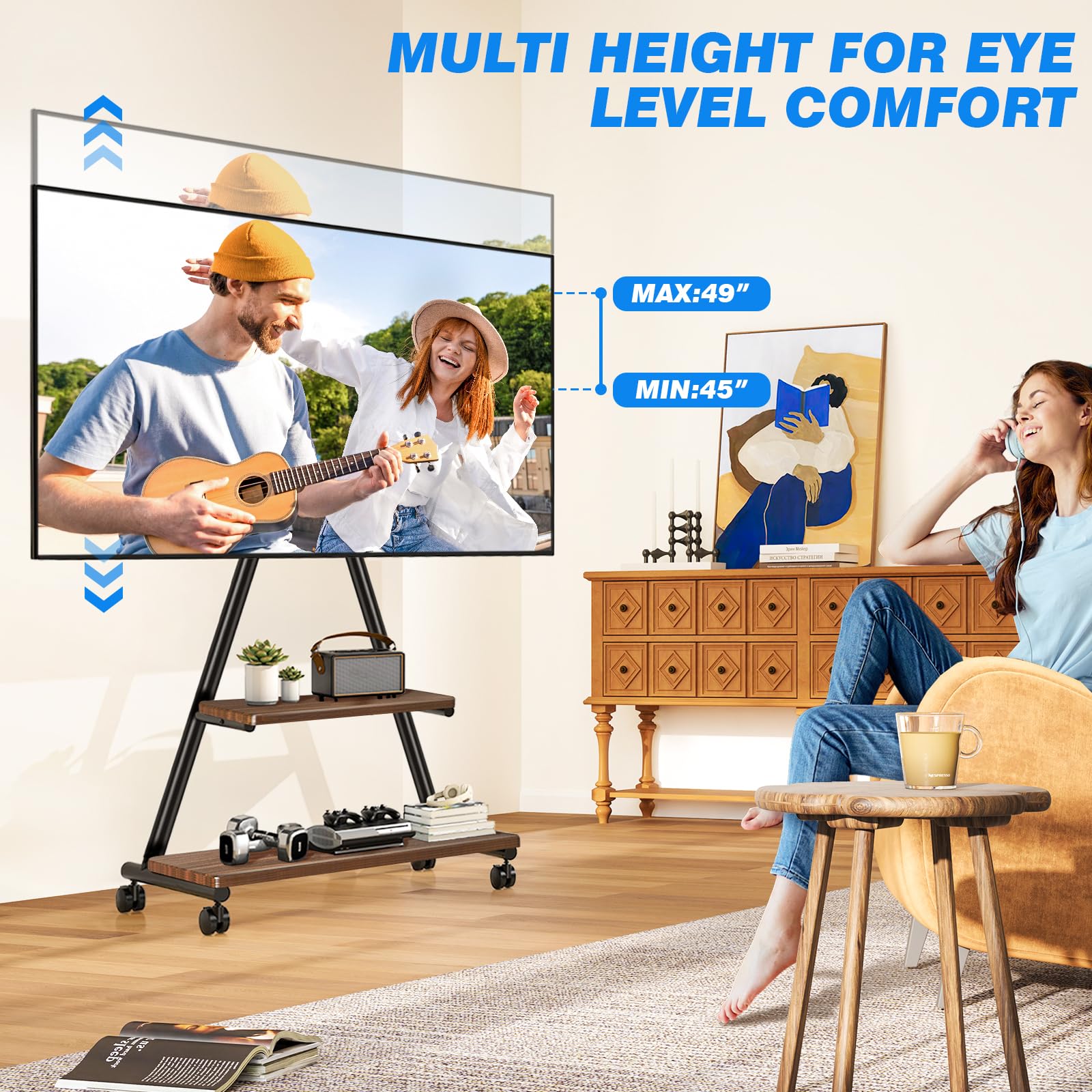 Heavy Duty Rolling TV Stand for 43-80 Inch TVs up to 150lbs - Mobile TV Cart with Wheels, Dual Storage Shelves & Tilt/Swivel Adjustment - Perfect for Living Room, Bedroom, Outdoor & Commercial Use