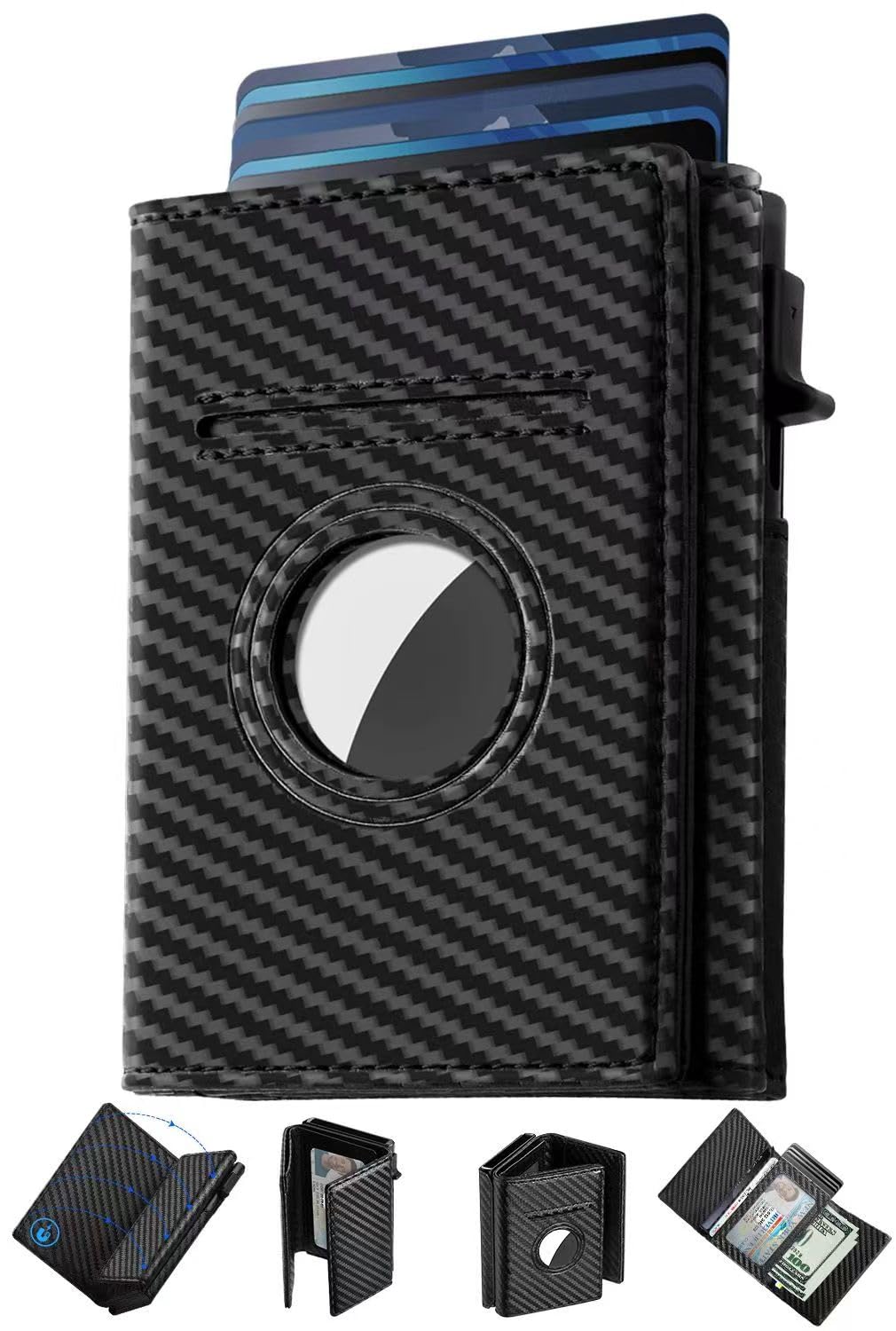 Premium RFID Blocking Trifold Wallet for Men - Slim Aluminum Case with Apple AirTag Slot, 10-14 Card Capacity, ID Window & Cash Slot (Black) - Perfect Gift for Business Travel & Everyday Use
