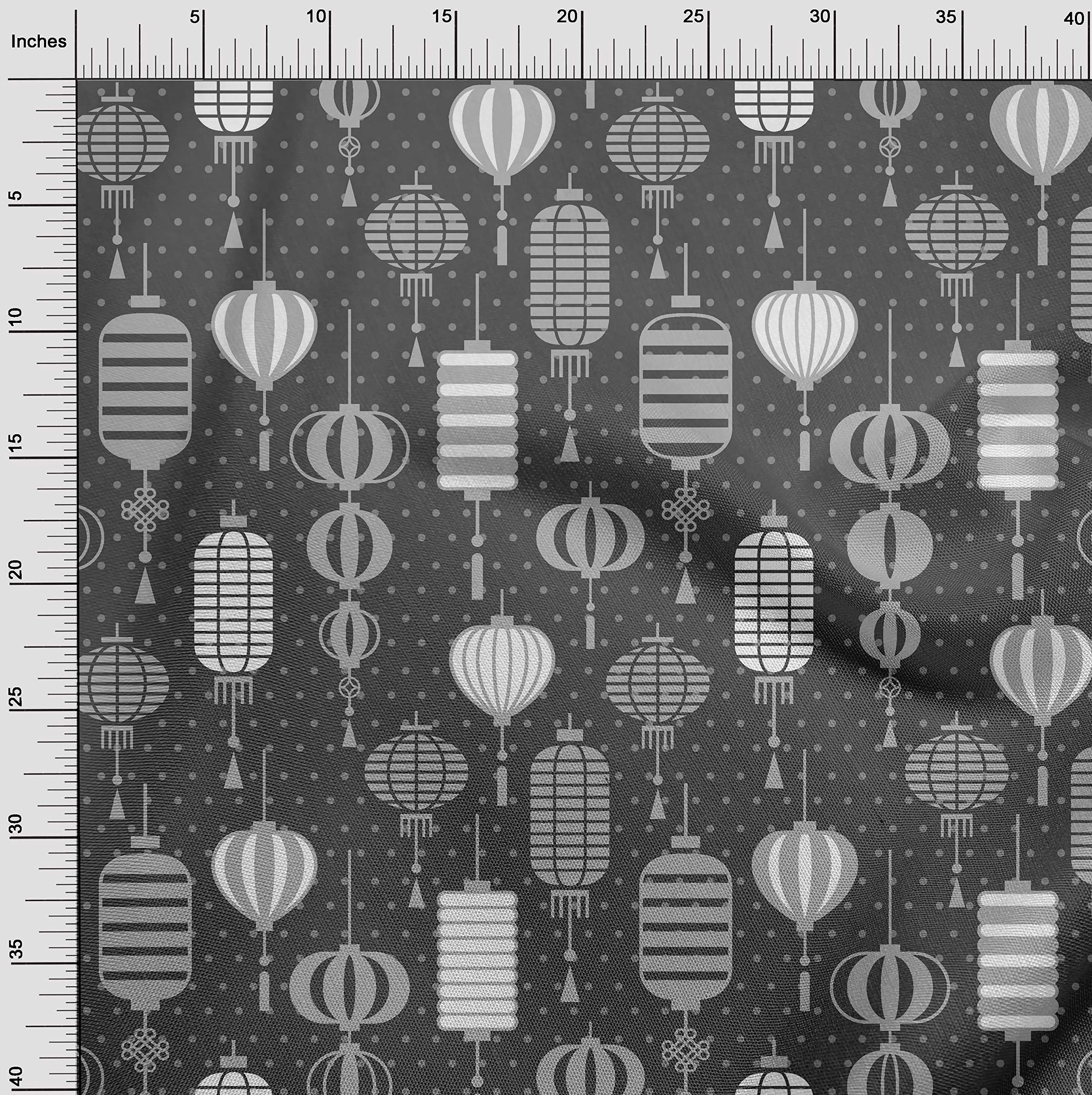 Rayon Fabric for Sewing - Gray Asian Chinese Lamps Printed Craft Fabric 56