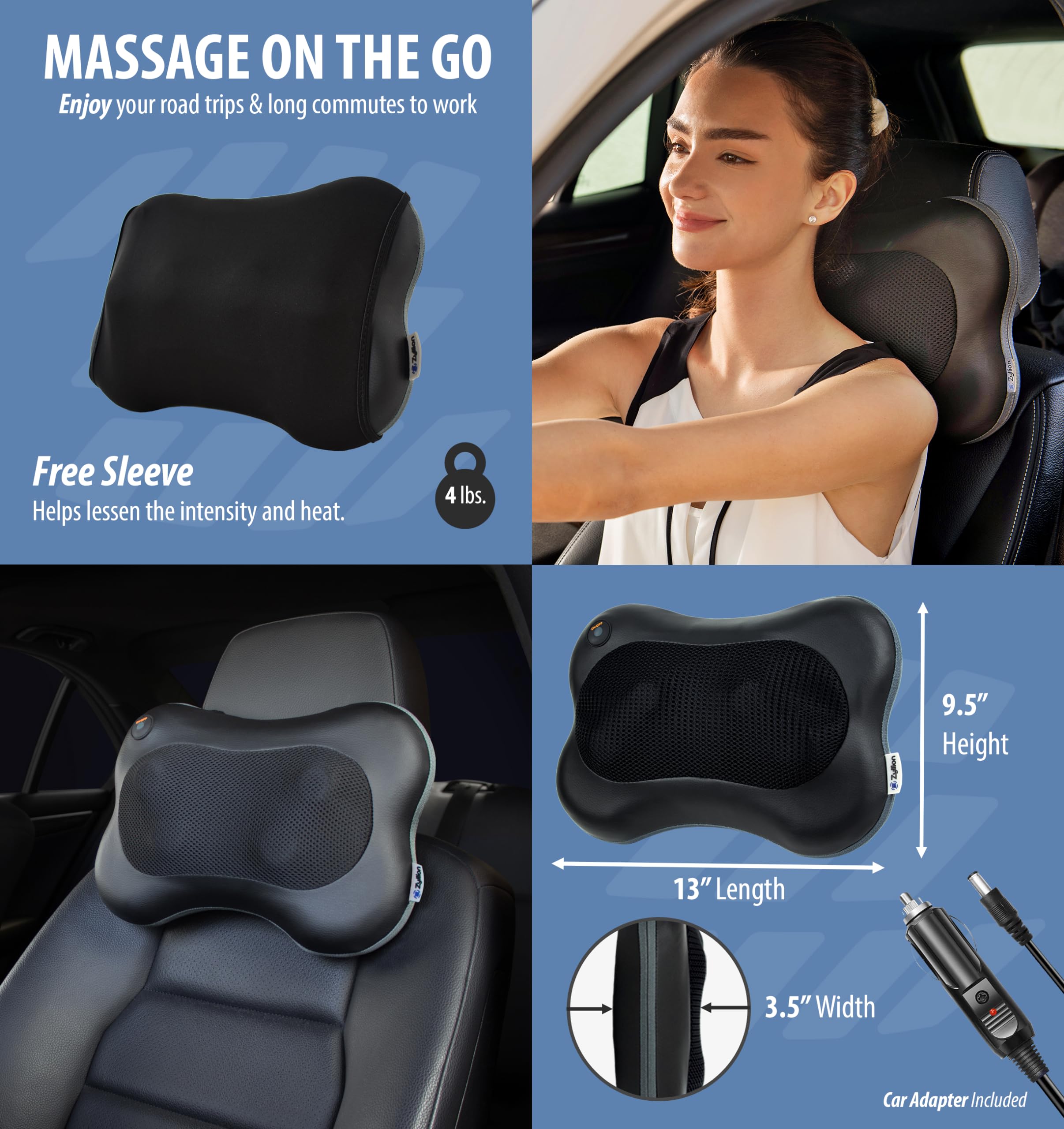 Zyllion Shiatsu Back Massager with Heat & Vibration - Black | Deep Tissue Muscle Massage Roller - Black/Blue | Perfect for Home, Office & Post-Workout Recovery