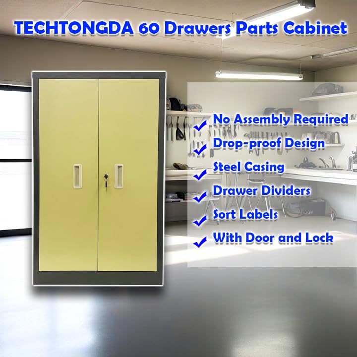 TECHTONGDA 60-Drawer Steel Bolt and Nut Storage Cabinet - Heavy-Duty Hardware Organizer with Locking Door for Workshop, Garage & Industrial Parts Organization | Tool Storage Solution for DIY, Mechanics & Professional Use