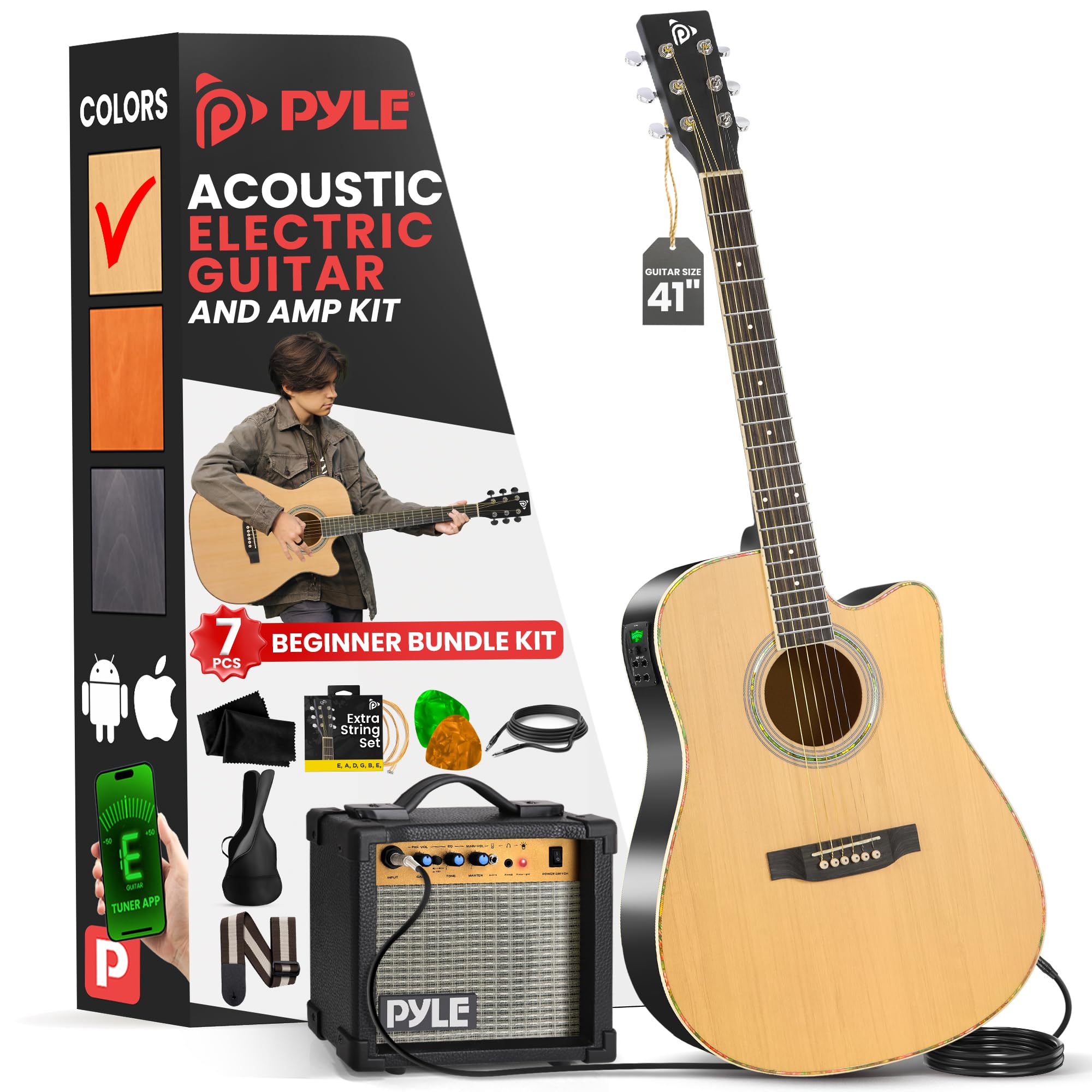 Pyle Cutaway Acoustic Electric Guitar and Amp Kit - Full Size 4/4 Spruce Wood Body with 10W Amplifier, Gig Bag, Strap, Extra Steel Strings, Picks & Cable - Perfect for Beginners & Adult Musicians - Ideal for Home Practice, Live Performances & Music Lessons (Natural Finish)
