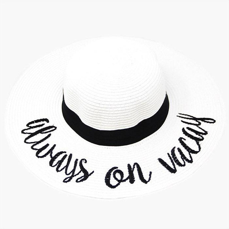 Always on Vacay Embroidered Straw Floppy Sun Hat for Women - Wide Brim Beach Hat with UPF 50+ Sun Protection - Perfect for Vacation, Pool Party, and Summer Outings
