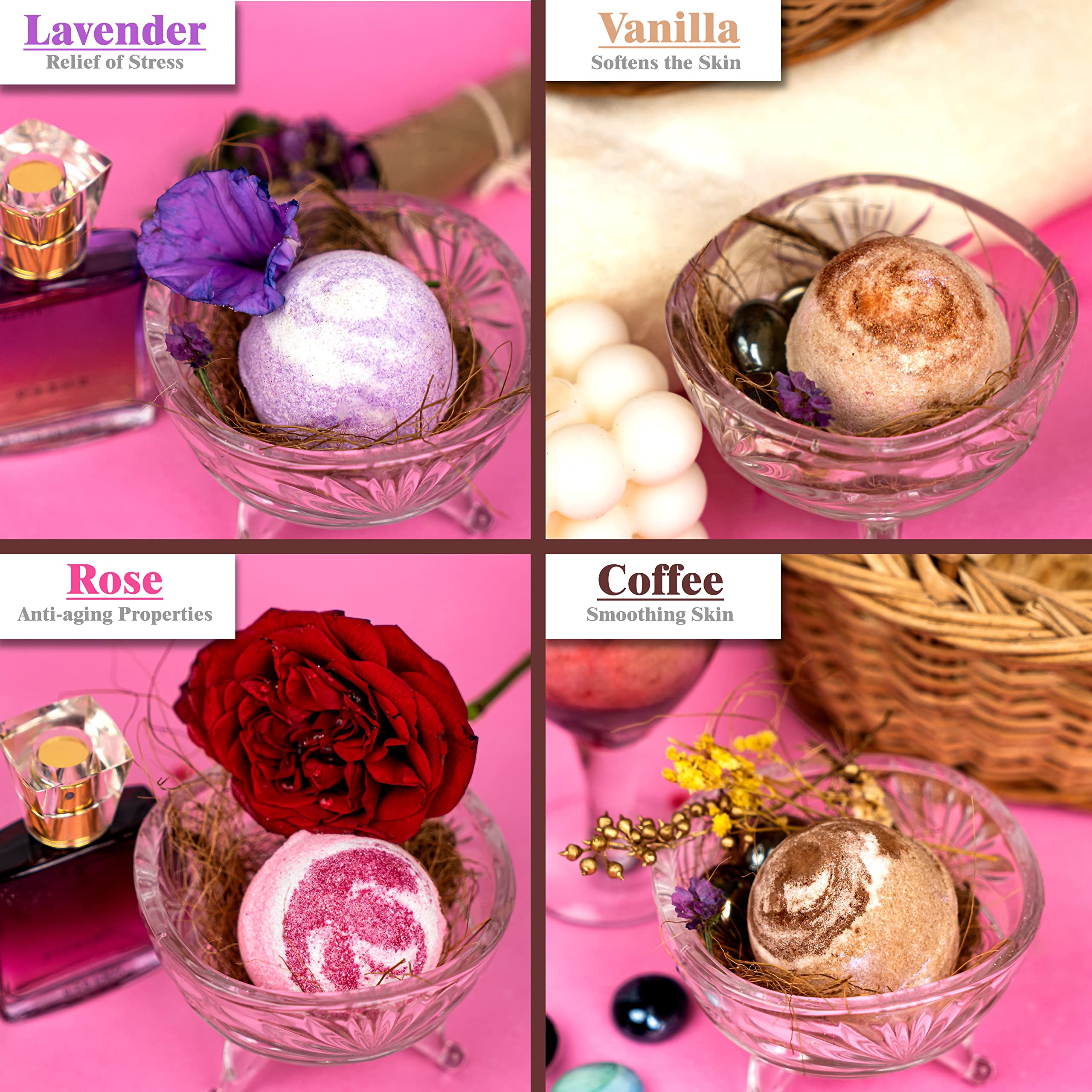 Luxury Aromatic Bath Bombs Set - Rose, Lavender, Vanilla & Coffee Scented (Pack of 4) | Relaxing Spa Gift for Women, Self Care & Stress Relief