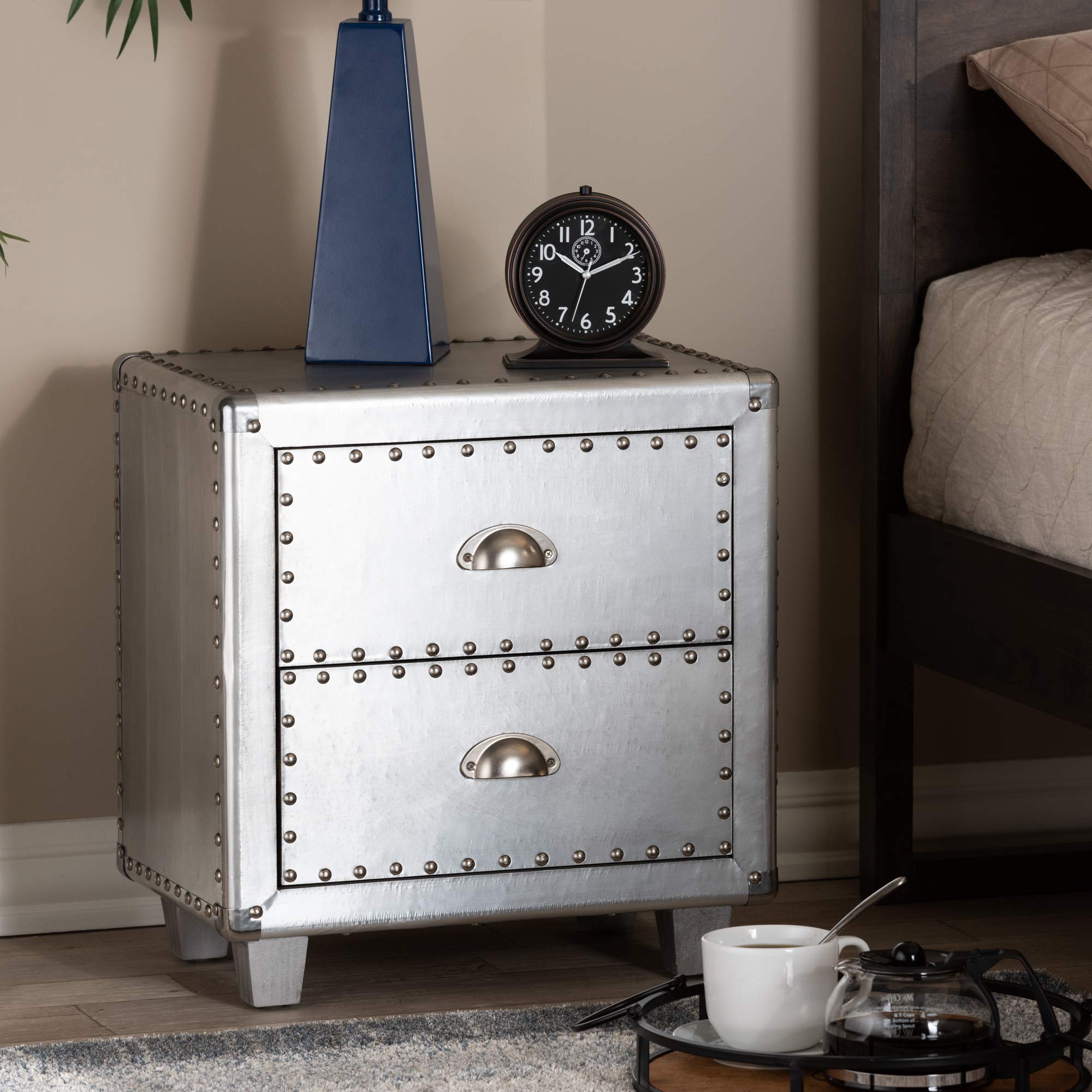 Baxton Studio Modern Nightstand with Drawer - Silver Finish Bedside Table for Bedroom, Living Room & Guest Room Storage