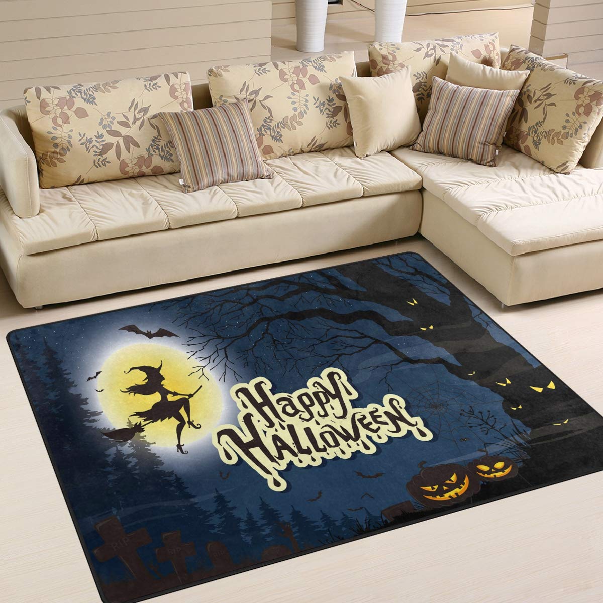 ALAZA Happy Halloween Pumpkin Witch Bat Moon Night Area Rug - 7' x 5' Non-Slip Halloween Decor Rug for Living Room, Bedroom, Dorm - Perfect for Fall Decor, Spooky Party & Seasonal Home Decor