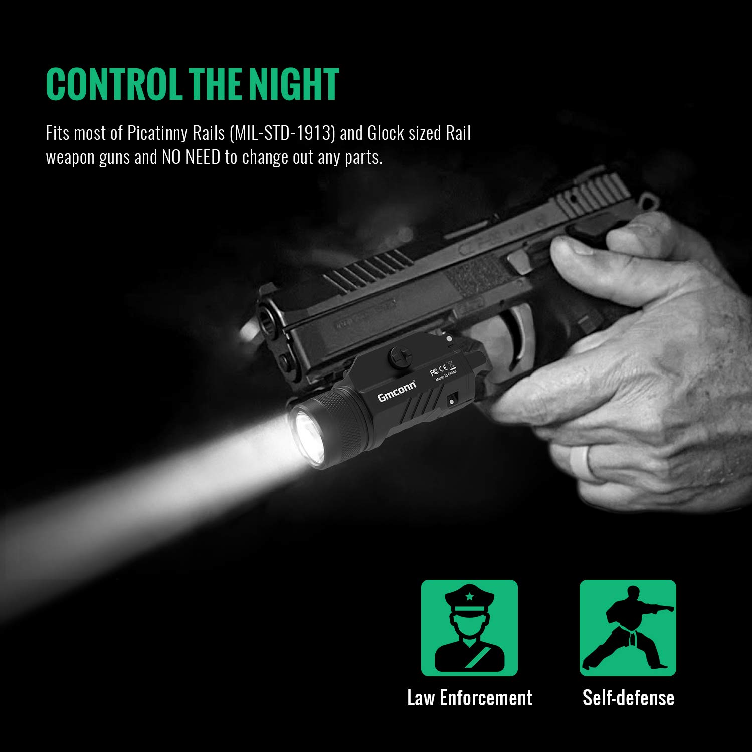 Gmconn 1200 Lumens Tactical Rail Mounted Pistol Light - Compact LED Strobe Flashlight for Handguns with 2 CR123A Batteries - Perfect for Home Defense, Hunting & Law Enforcement Use