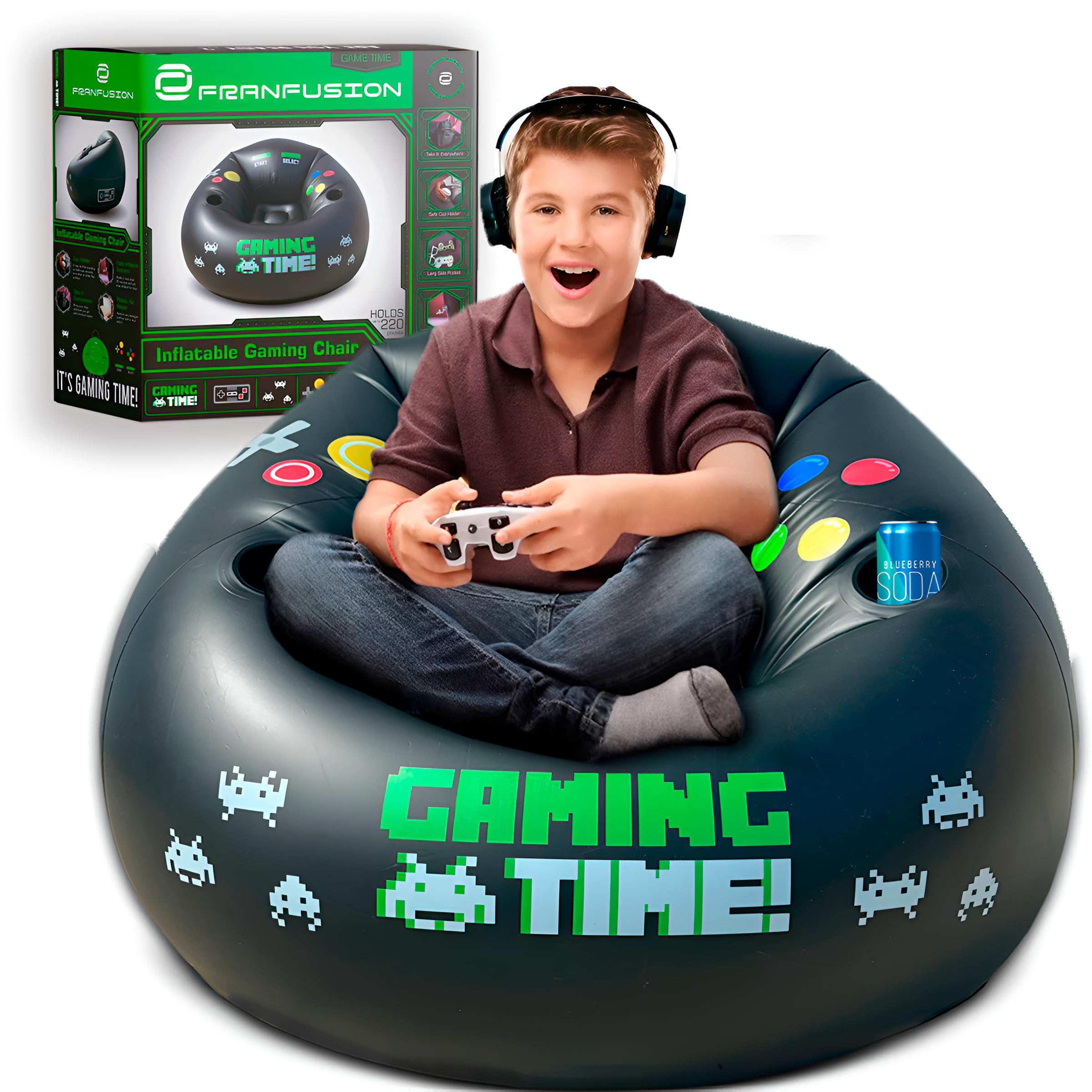 Inflatable Gaming Chair for Kids & Teens with Cup Holders & Side Pocket - Comfortable Air Bean Bag Chair for Boys & Girls 4-12 - Perfect for Gaming Room Decor, Bedroom Lounging & Movie Nights