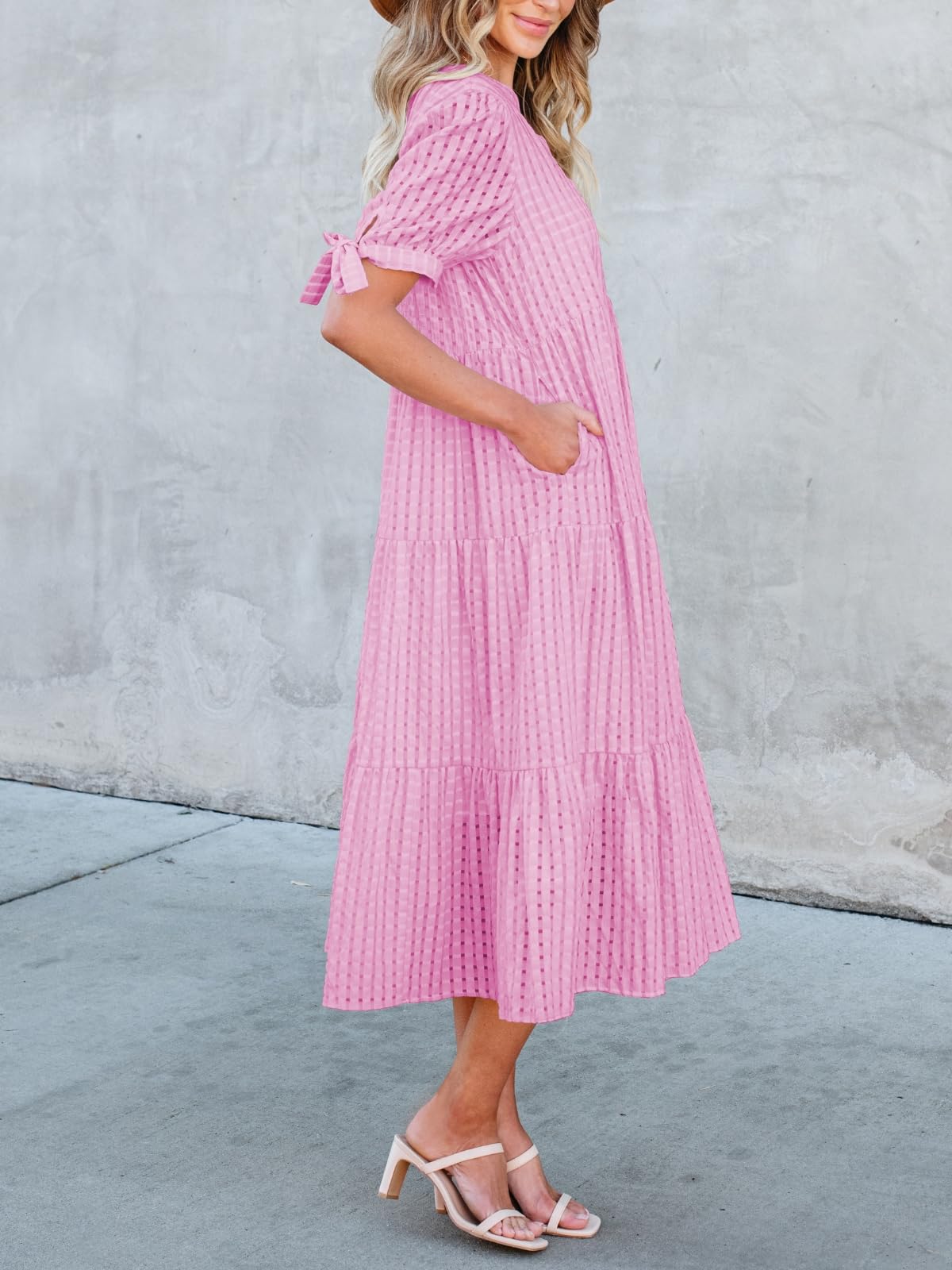Theenkoln Women's Casual Midi Dress - Short Sleeve V-Neck Empire Waist Gingham Print Summer Dress for Spring/Summer, Beach, Party & Office Wear | Trendy Tiered Formal Dress for Women