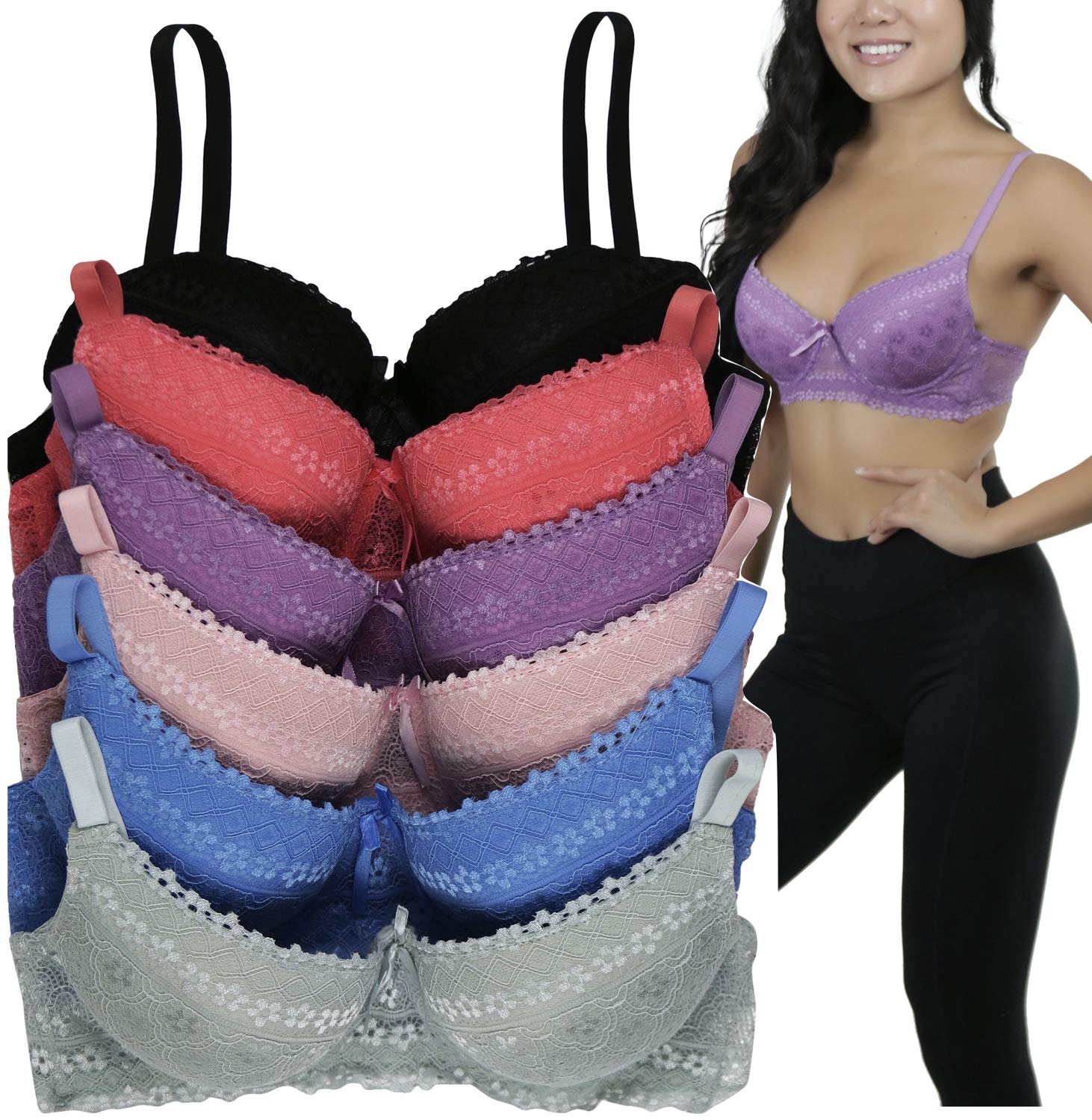 ToBeInStyle Women's Pack of 6 Wired Padded Lace Bras with Adjustable Straps - Comfortable Support for Everyday Wear, Workout & Special Occasions