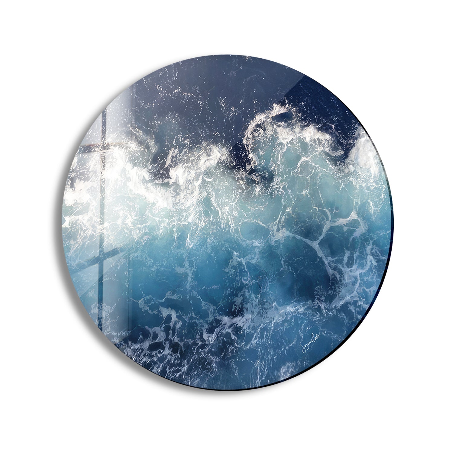 Abstract Round Ocean Waves Glass Wall Art - Coastal Beach Decor for Living Room, Bedroom & Office - Handmade Seascape Mural for Home & Office Decor