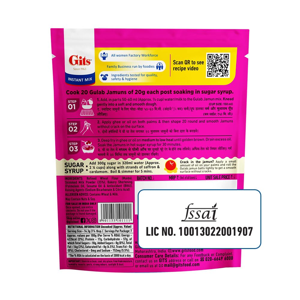 Gits Instant Gulab Jamun Dessert Mix - 100g Pack Makes 20 Pieces | Authentic Indian Sweet | Vegetarian Dessert Mix | Perfect for Diwali, Weddings & Festive Celebrations