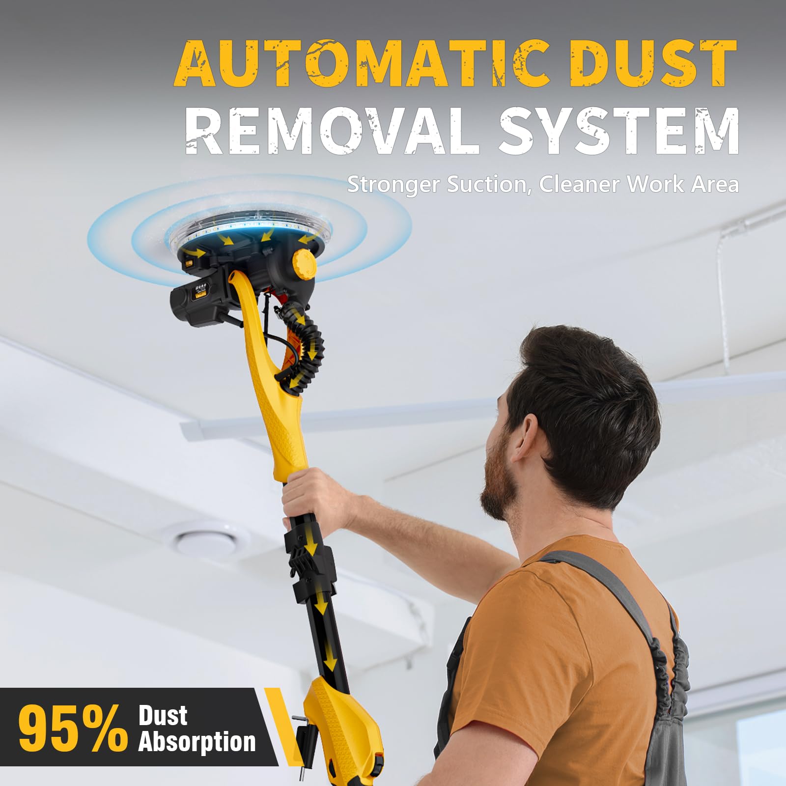1050W Electric Drywall Sander with Vacuum Dust Collection | 2100RPM Wall Sander with 6 Speed Settings | Foldable Extendable Handle & LED Lights | Includes Dust Bag & Hose | Perfect for Home Renovation, Drywall Repair & Professional Construction Projects