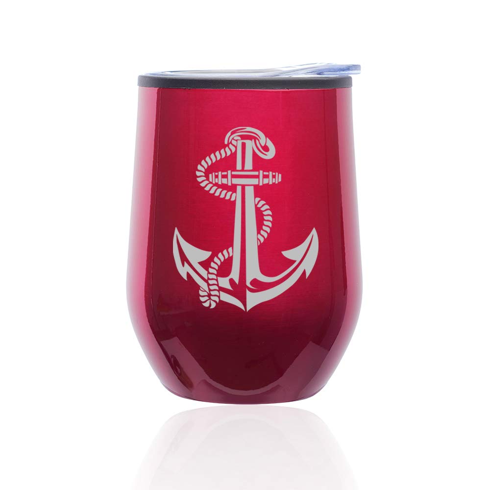 Stemless Wine Tumbler with Lid - 16oz Insulated Coffee Travel Mug, Anchor Design with Rope - Perfect for Beach, Picnic, Camping & Outdoor Activities (Fuchsia)