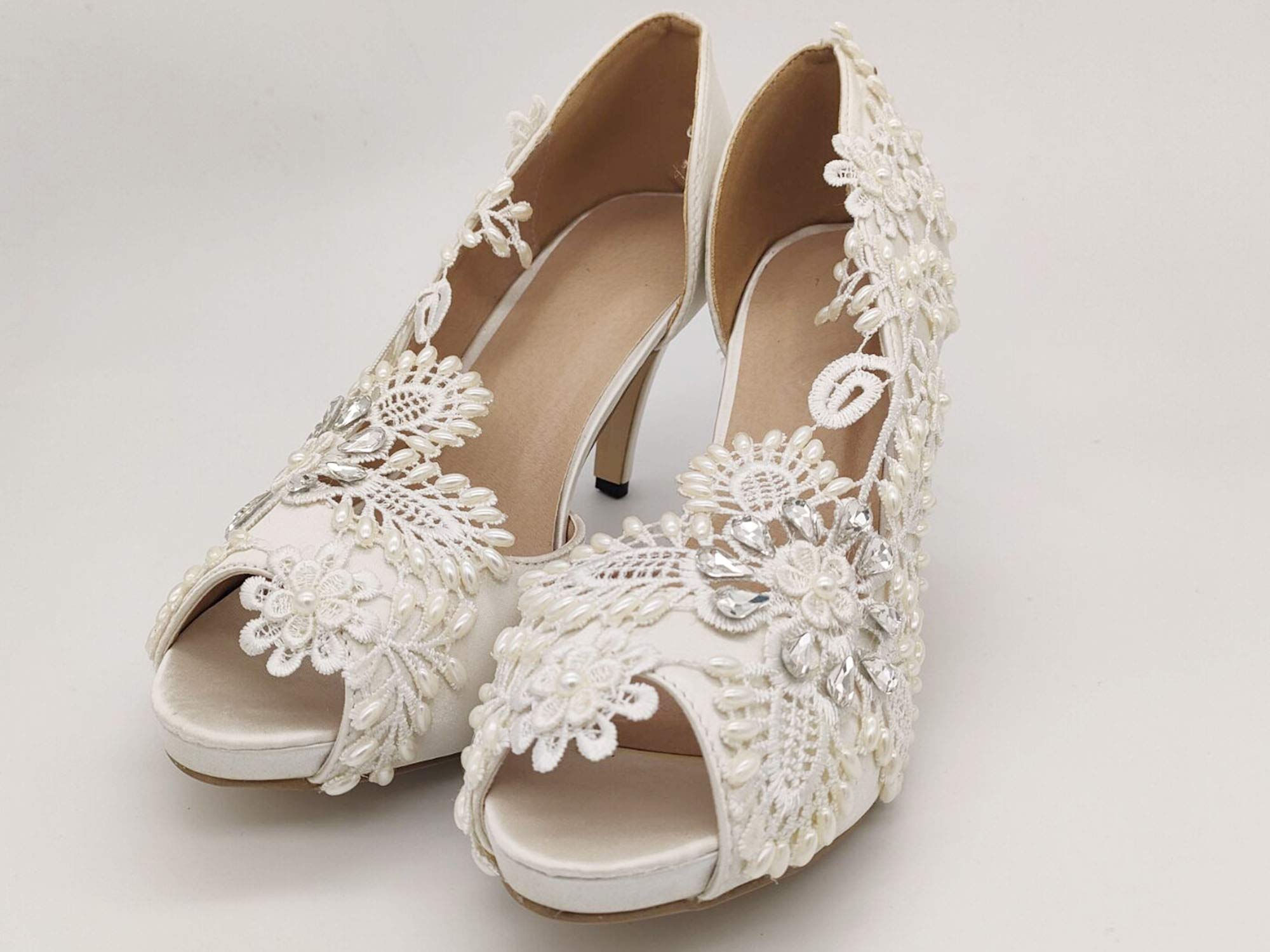 Elegant White Lace Wedding Heels for Women - Bridal High Heel Open Toe Shoes - Perfect for Bridal Showers, Weddings & Special Occasions