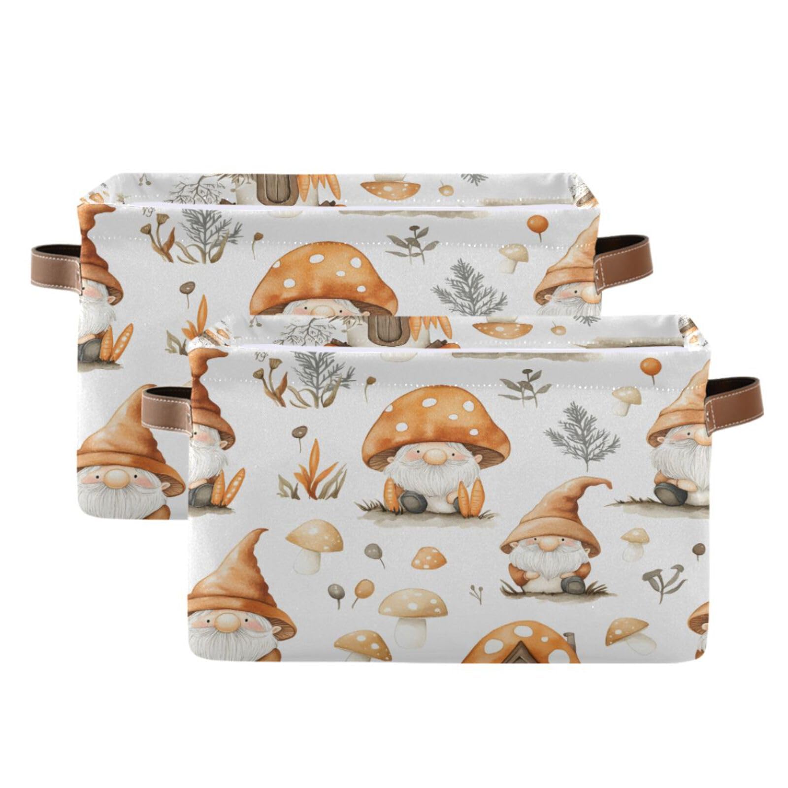 Qilmy Mushroom Gnome Storage Basket 2 Pack - Collapsible Canvas Rectangular Bin with Leather Handles for Closet, Office, Nursery & Home Organization | Perfect for Toy Storage, Blanket Baskets & Bedroom Decor