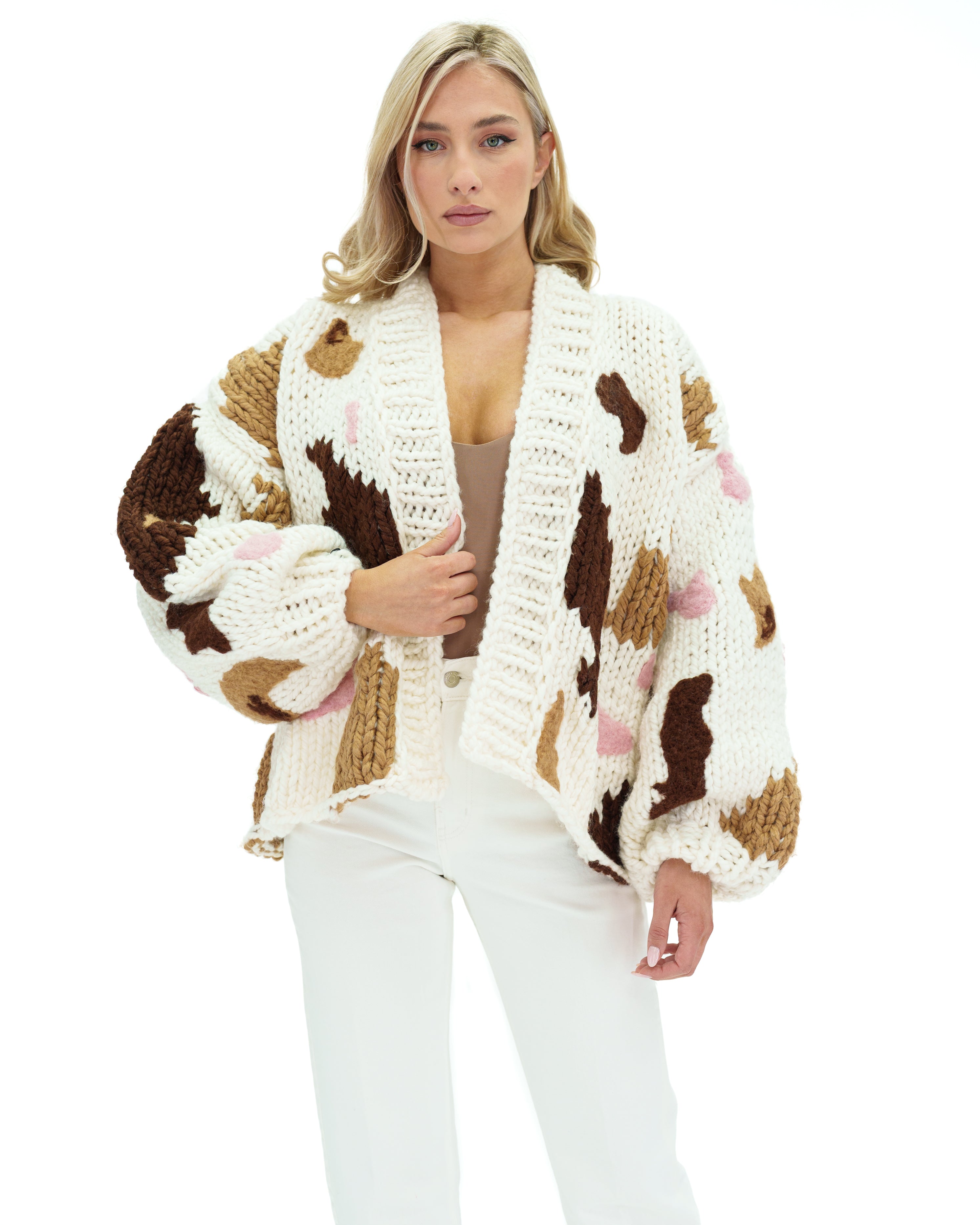 Women's Chunky Knit Cow Print Cardigan Sweater - Cozy Oversized Winter Pullover for Casual Outfits & Lounge Wear