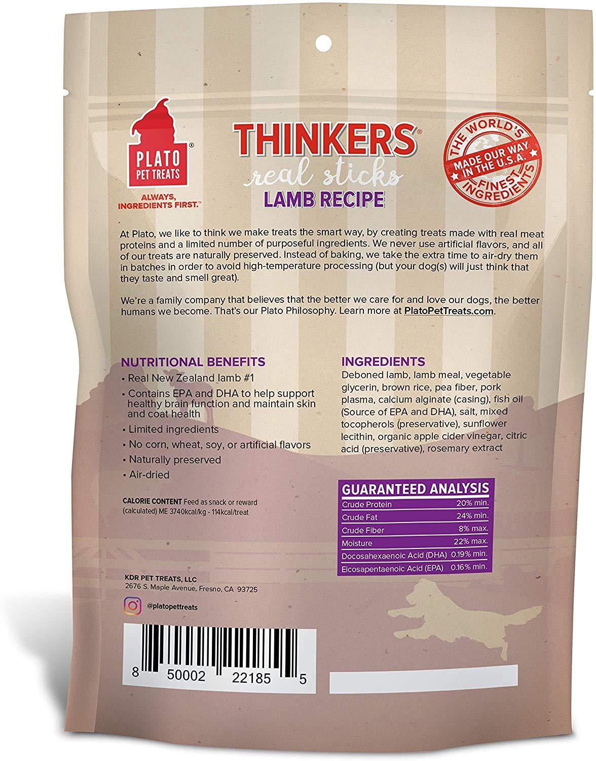 PLATO 2 Pack Lamb Thinkers Real Meat Sticks Dog Treats - 10oz Each, Limited Ingredient, Grain-Free, Wheat-Free - High Protein Training Snacks for Small & Large Dogs, Perfect for Outdoor Adventures & Reward Training