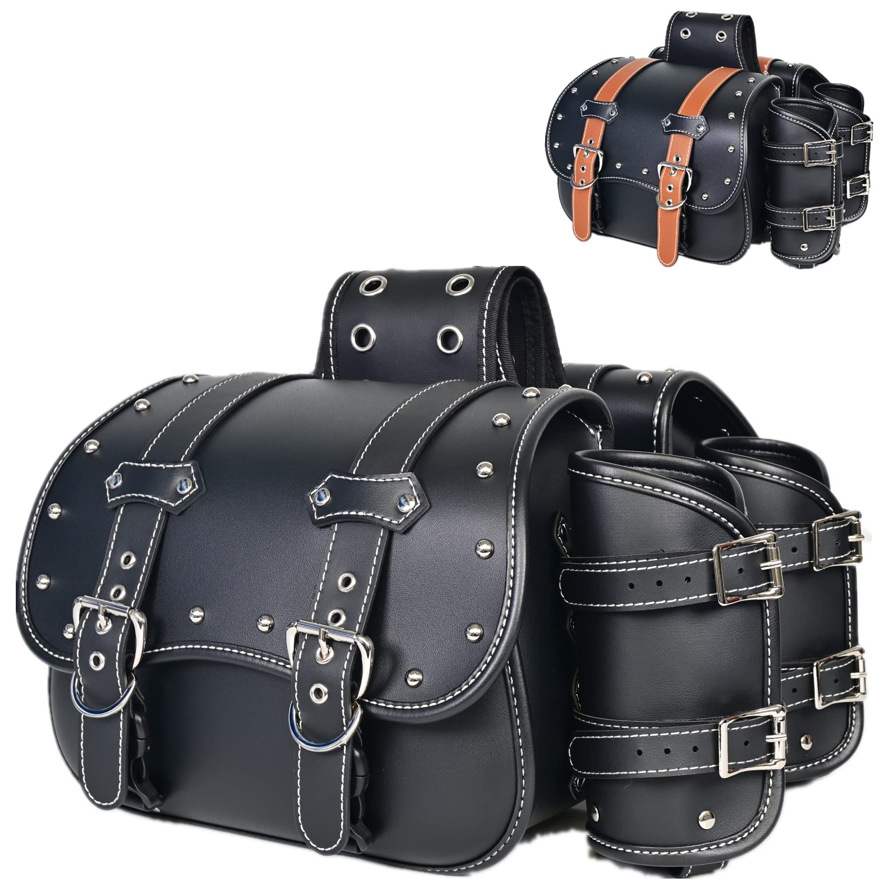Premium PVC Leather Motorcycle Saddlebags - Universal Throw Over Panniers with Cup Holder & Side Tool Storage | Waterproof Motorbike Side Bags (1 Pair, Brown Belt & Black) | Perfect for Long Rides, Commuting & Adventure Touring