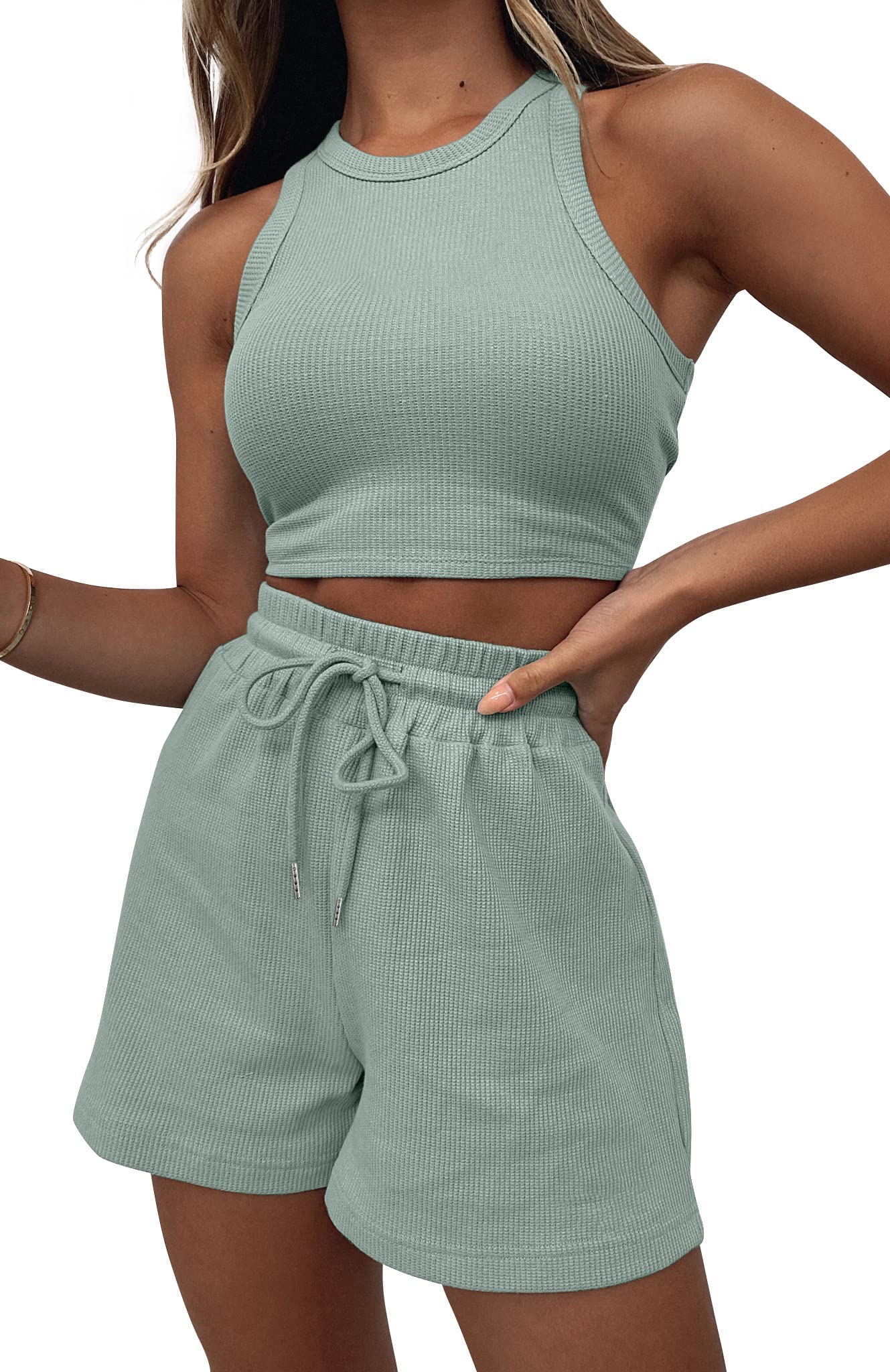 Lingswallow 2 Piece Women's Lounge Set - Sleeveless Crop Top & Waffle Shorts Comfy Outfit for Yoga, Sleep & Home Relaxation