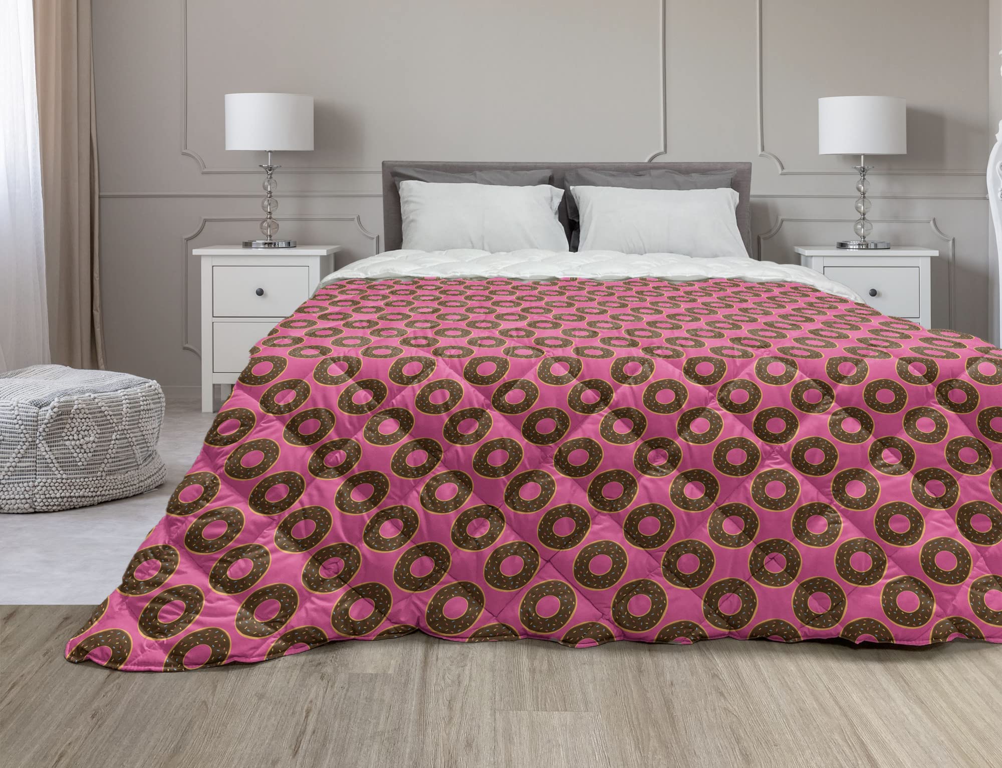 **Ambesonne Donuts Down Alternative Comforter - Soft Microfiber Quilt for All Seasons, Twin Size, Pink & Dark Brown - Perfect for Bedrooms, Dorms, and Cozy Home Decor**
