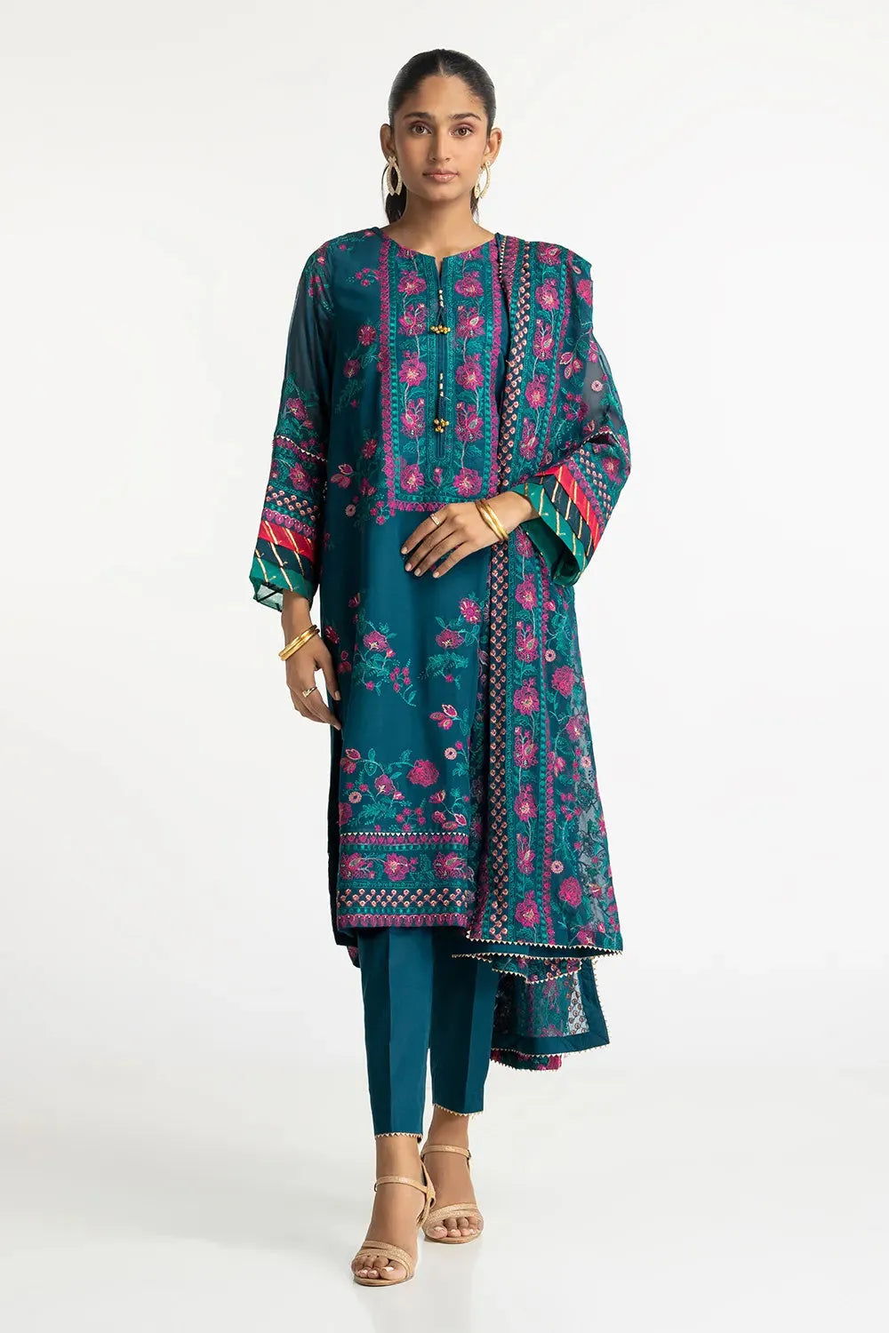 Gul Ahmed Blue Chiffon Embroidered Suit - Elegant Formal Wear for Weddings, Parties & Special Occasions