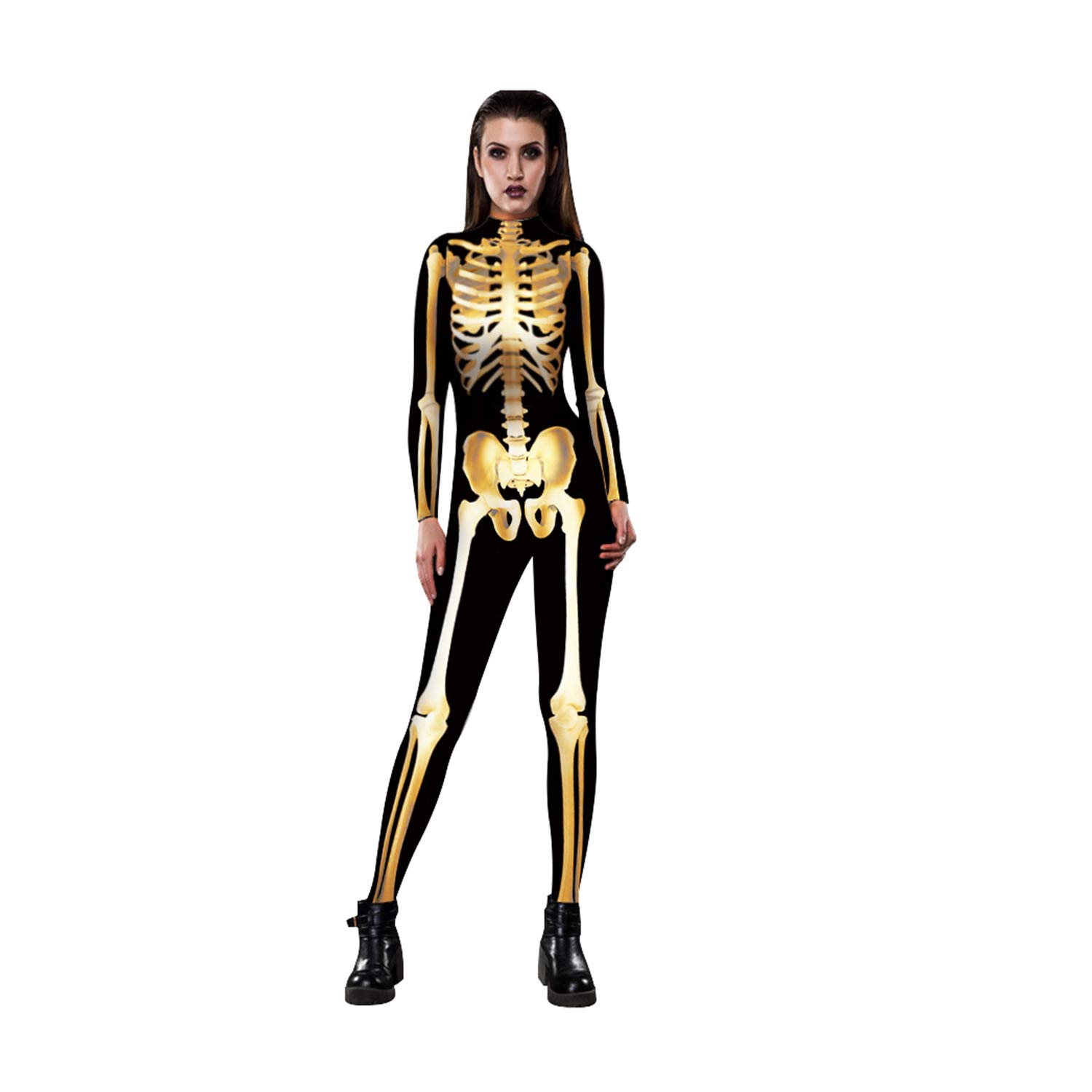Women's Halloween Skeleton Jumpsuit - Scary Skull Print Bodysuit Costume | Sexy Skinny Catsuit for Party, Cosplay & Nightclub Outfits