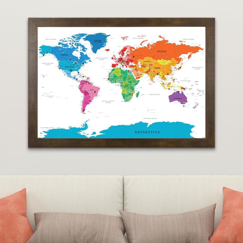 Push Pin World Travel Map with Rustic Brown Frame & Pins - 27.5x39.5 Inch Large Wall Decor for Home Office, Perfect for Tracking Adventures & Planning Trips