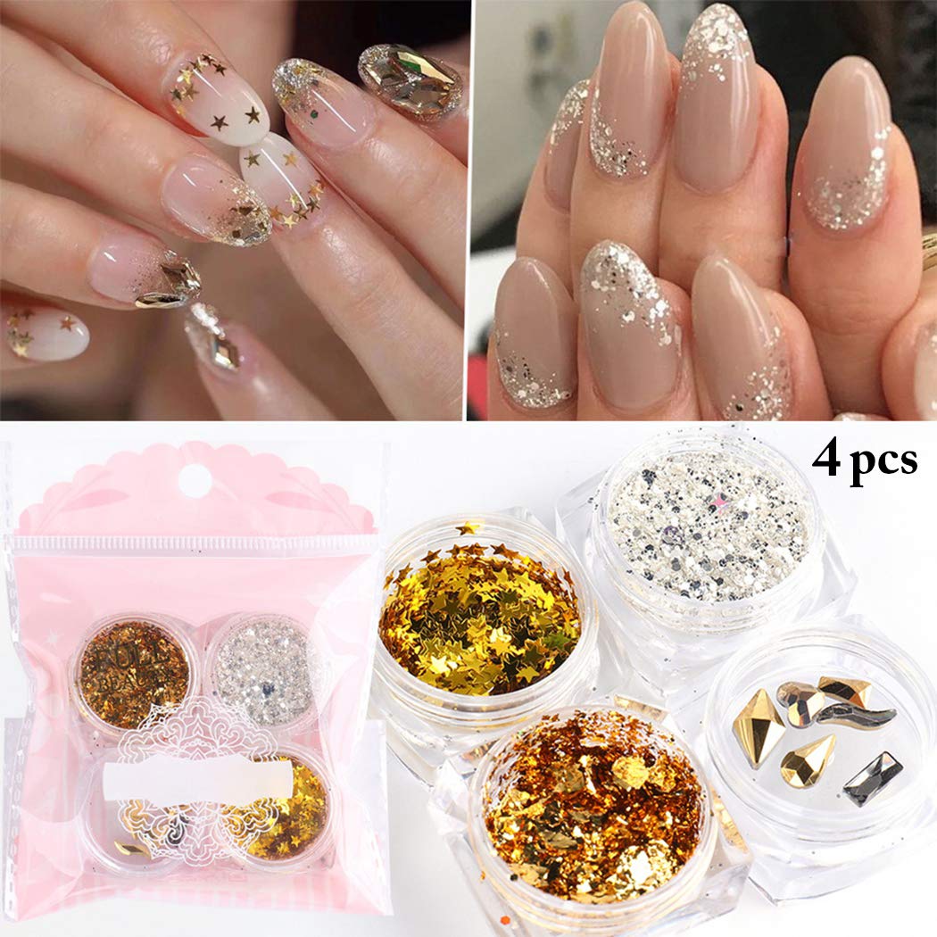 Anjetan 4 Pack Nail Sequins Glitter Flakes - Shining Nail Art Decorations for Acrylic Nails, Manicure, Pedicure & DIY Nail Designs - Perfect for Parties, Weddings, Salons & Home Nail Care