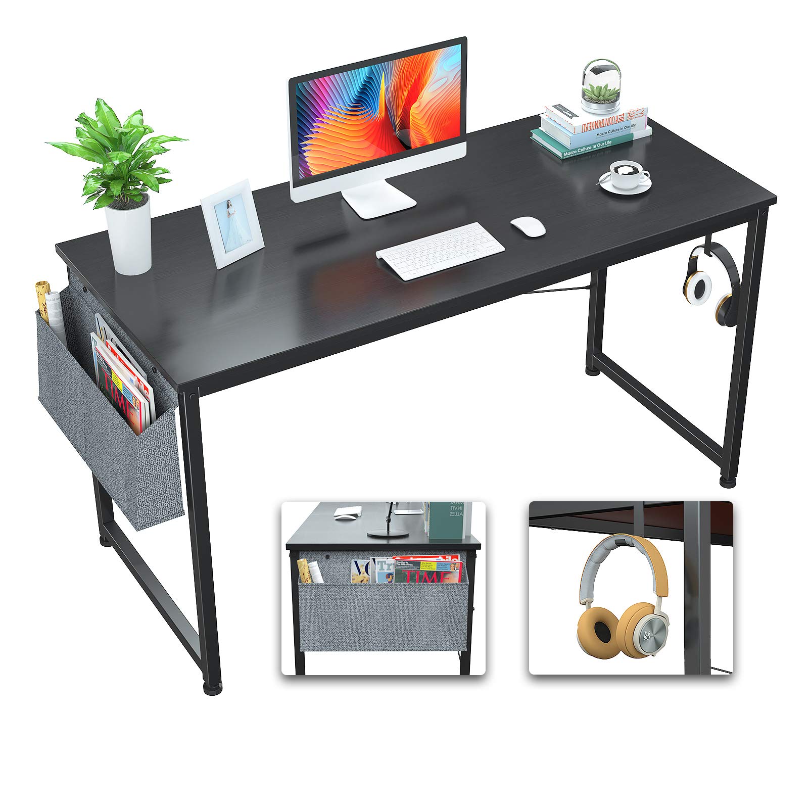 Foxemart 47 Inch Modern Computer Desk - Home Office Desk with Storage Bag & Iron Hook, Study Writing Workstation for PC Laptop Notebook, Black | Perfect for Small Spaces, Remote Work & Online Learning