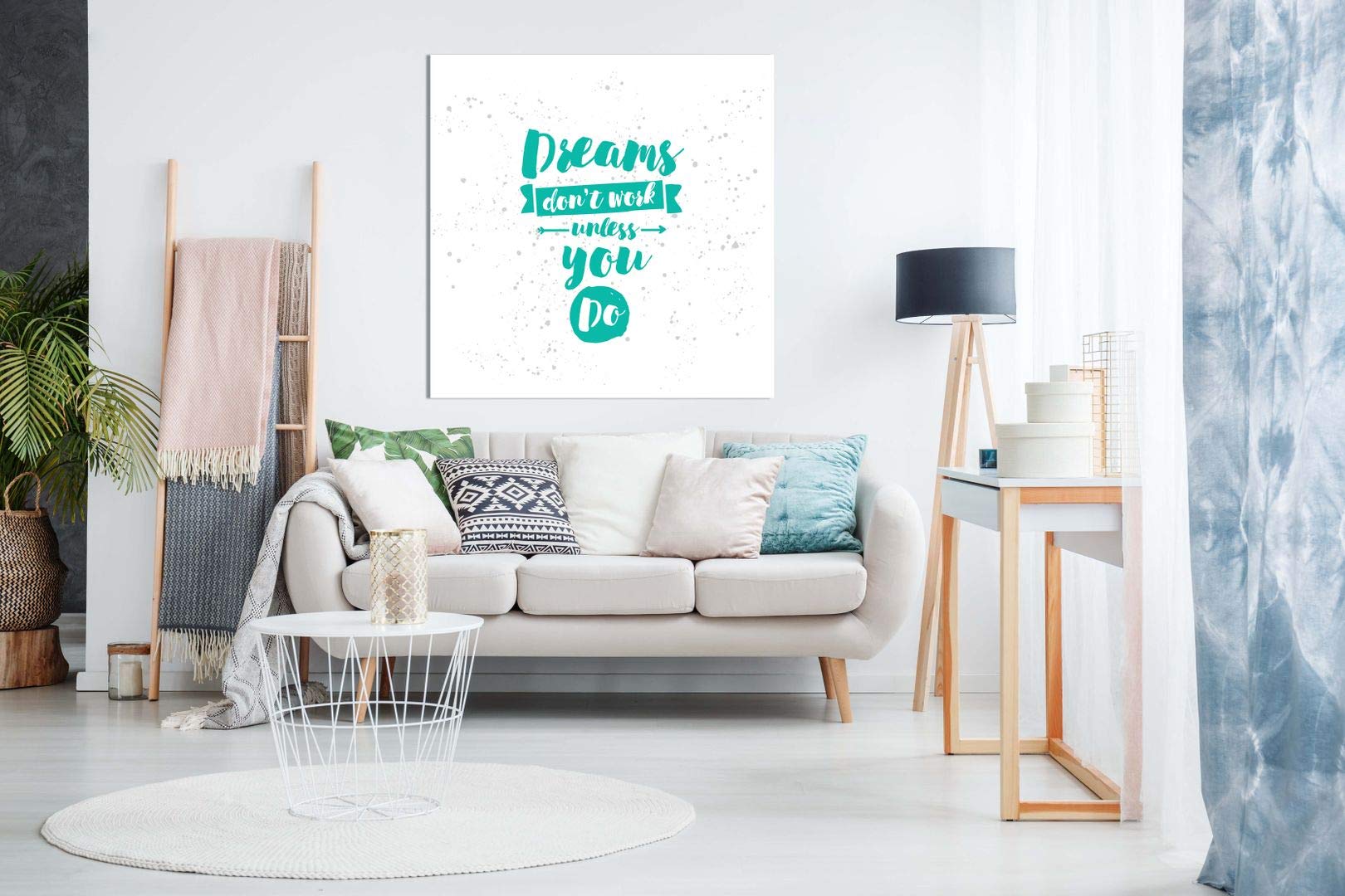 Dreams Don't Work Unless You Do - Motivational Wall Art Print on Mint Green & White Canvas (12x12 Inches) - Perfect for Home Office Decor, Bedroom Inspiration or Gift for Graduates