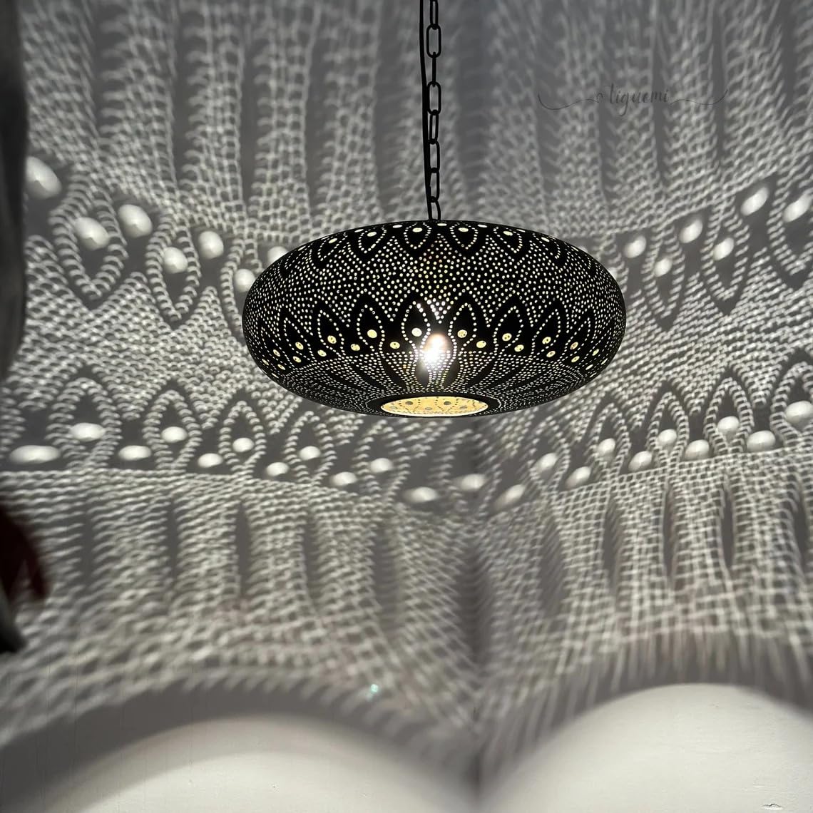 Handcrafted Moroccan Rustic Pendant Light Chandelier - 17.7 Inch Black Hanging Fixture for Farmhouse Dining Room, Kitchen Island & Living Room Lighting | Boho Home Decor & Maximalist Interior Design