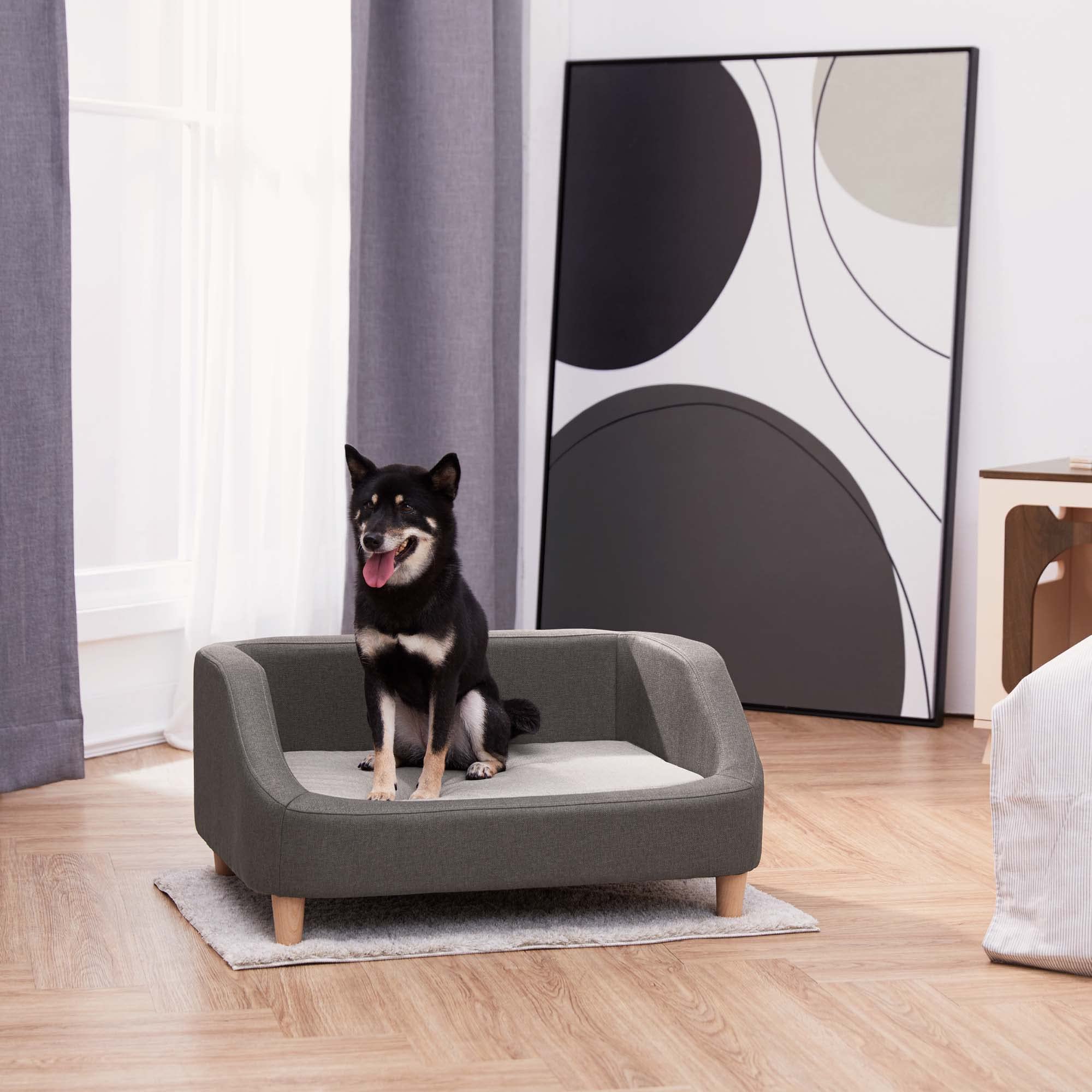 Teamson Pets Bennett 32 Inch Raised Dog Bed with Removable Washable Cushion - Gray Heathered Linen Sofa Style Pet Bed for Cats & Small/Medium Dogs - Perfect for Living Room, Bedroom or Pet Nursery