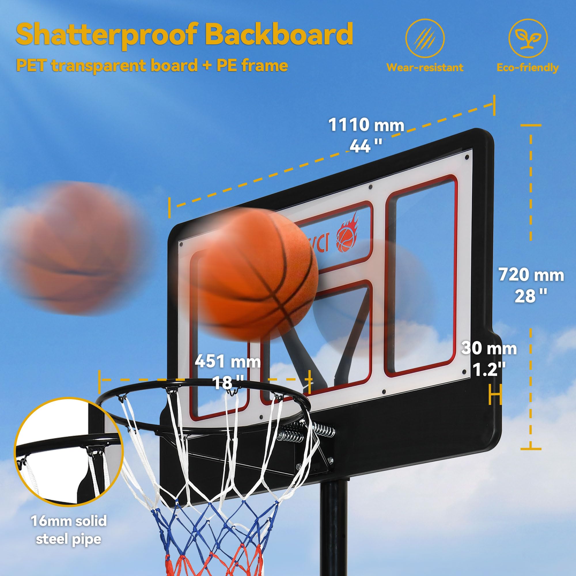 Adjustable 10FT Outdoor Basketball Hoop - 44in Shatterproof Backboard & 18in Rim for Driveway & Backyard Play
