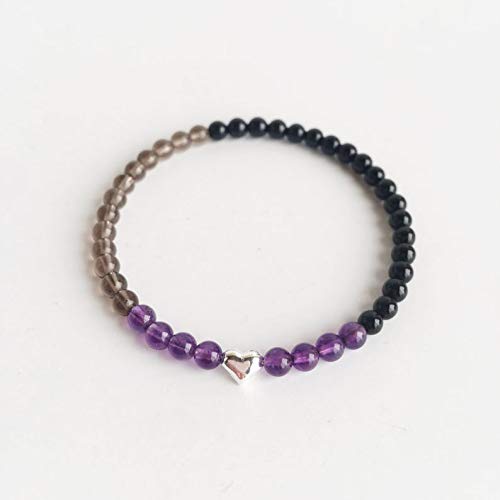 Amethyst Black Onyx Smoky Quartz Beaded Bracelet - Heart Charm Stacking Bracelet for Women, Positive Energy Healing Crystal Jewelry by LadoNarayani - Perfect for Meditation, Yoga & Everyday Wear