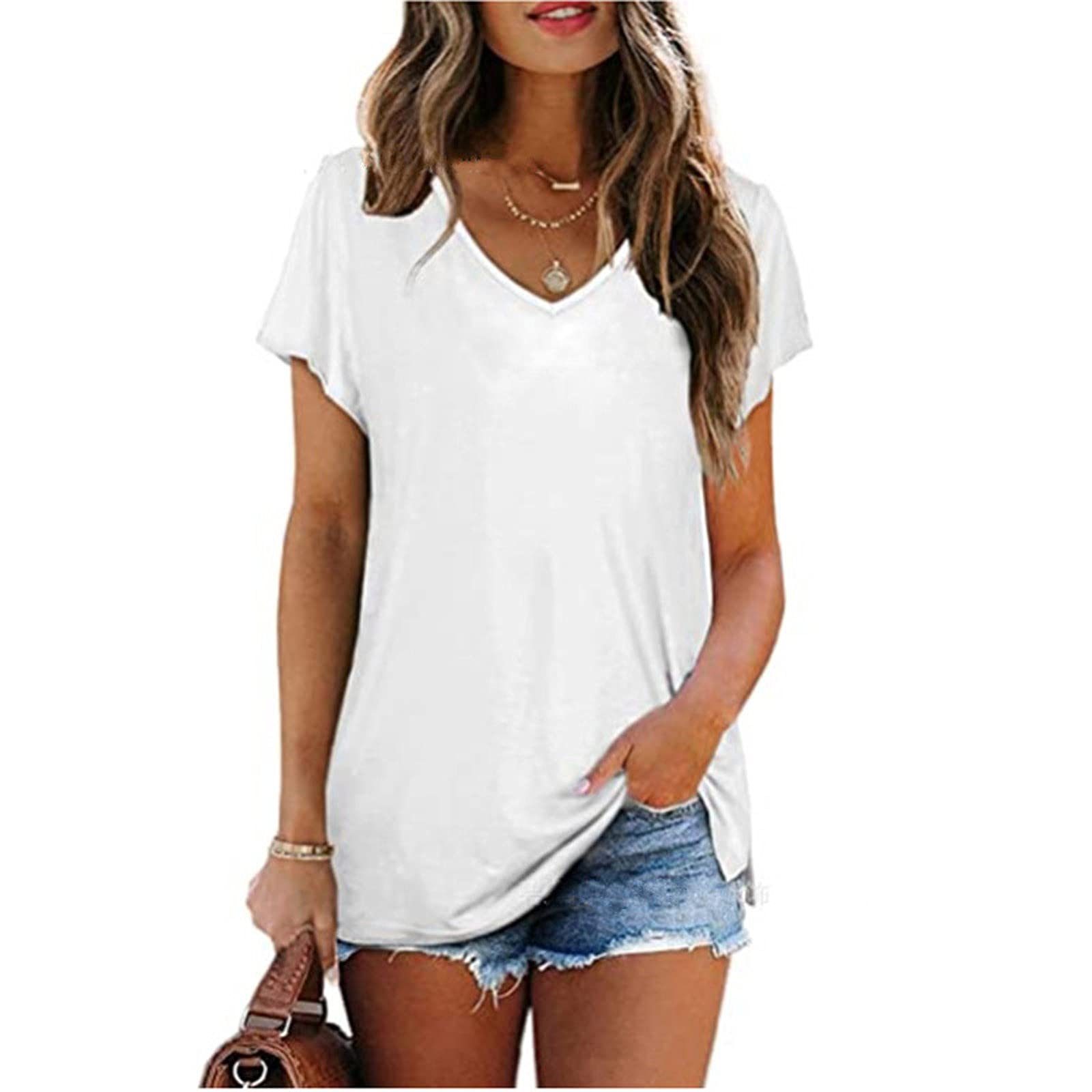 Women's Plain Basic T-Shirts - Short Sleeve Crewneck Casual Summer Tops - Flowy Blouse Shirt in White - Perfect for Teens, Everyday Wear & Summer Outfits