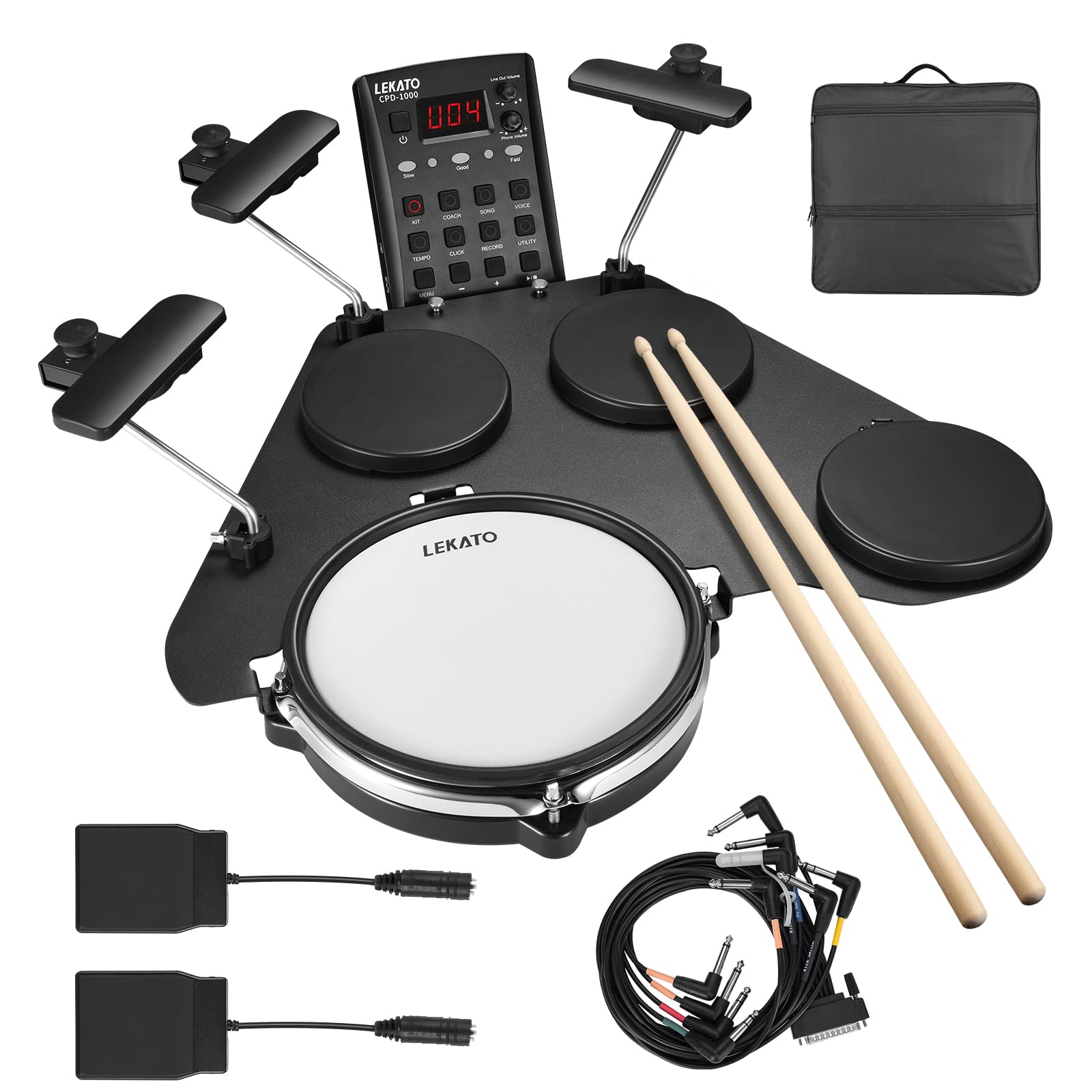 LEKATO Electronic Drum Set - Portable Electric Drum Kit for Beginners with Quiet Mesh Snare Pads, 220+ Sounds, USB MIDI, 2 Switch Pedals, Drum Sticks & Travel Bag - Perfect for Home Practice, Studio Recording & Live Performances