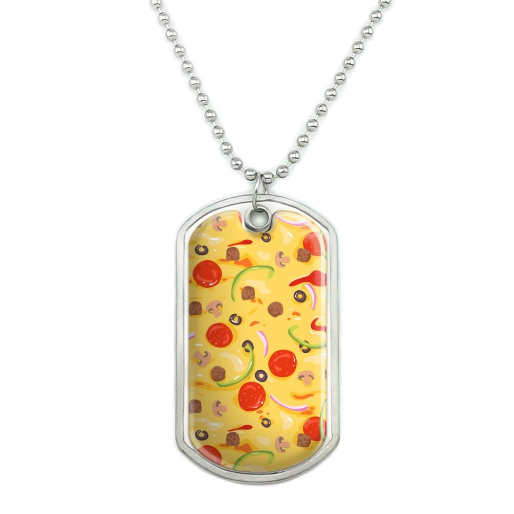 Military Dog Tag Pendant Necklace with Chain - Pizza Pattern Featuring Pepperoni, Olives & Onions | Unique Graphic Jewelry Gift for Men & Women | Perfect for Pizza Lovers, Military Enthusiasts & Fashion Accessories