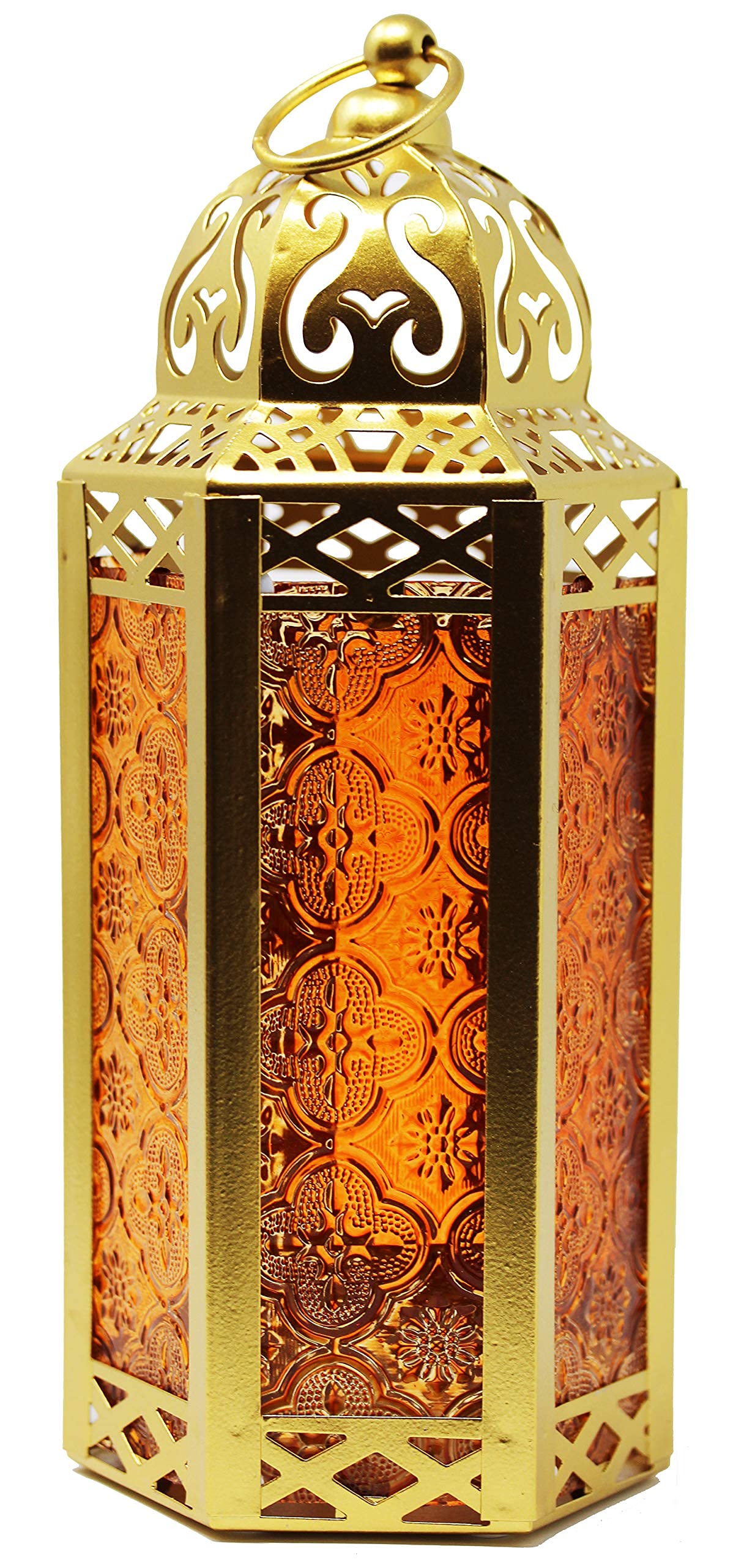 VELA Moroccan Gold Candle Lantern - Decorative Amber Glass Table & Hanging Lamp for Home Decor, Ramadan, Weddings, Indoor & Outdoor Use - Perfect for Patio, Porch, Dining Table & Special Events