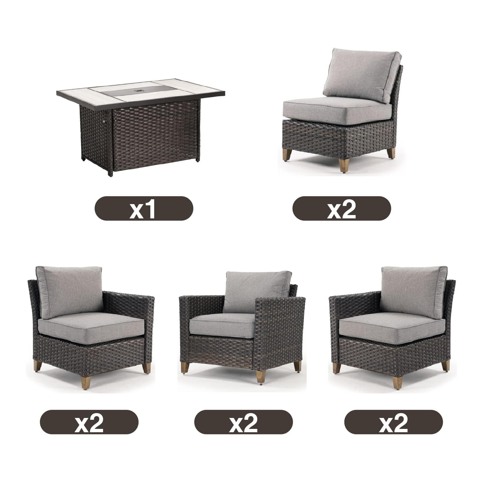 6-Piece Grand Patio Sofa Set with Fire Pit Table - PE Wicker Outdoor Sectional Sofa with Thick Cushions for Garden, Yard, Porch - Perfect for Backyard Gatherings & Fireplace Conversations