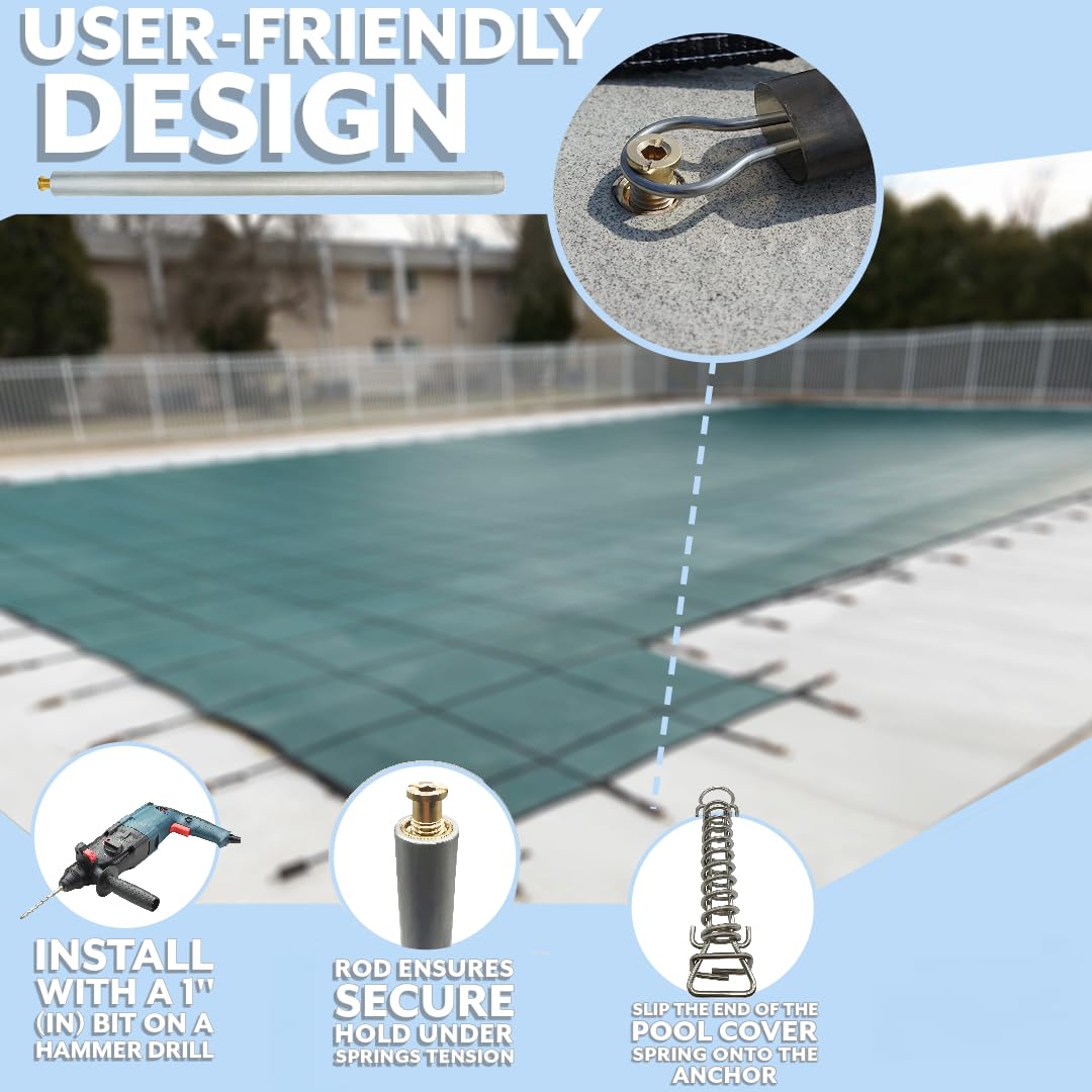 Poolzilla 10-Pack 18-Inch Aluminum Tube with Brass Anchor for Pool Safety Cover Installation - Heavy Duty Anchors for Loose Ground or Paver Applications - Extra Long Pool Cover Hardware (Perfect for Inground Pools, Concrete Decks & Landscaped Yards)