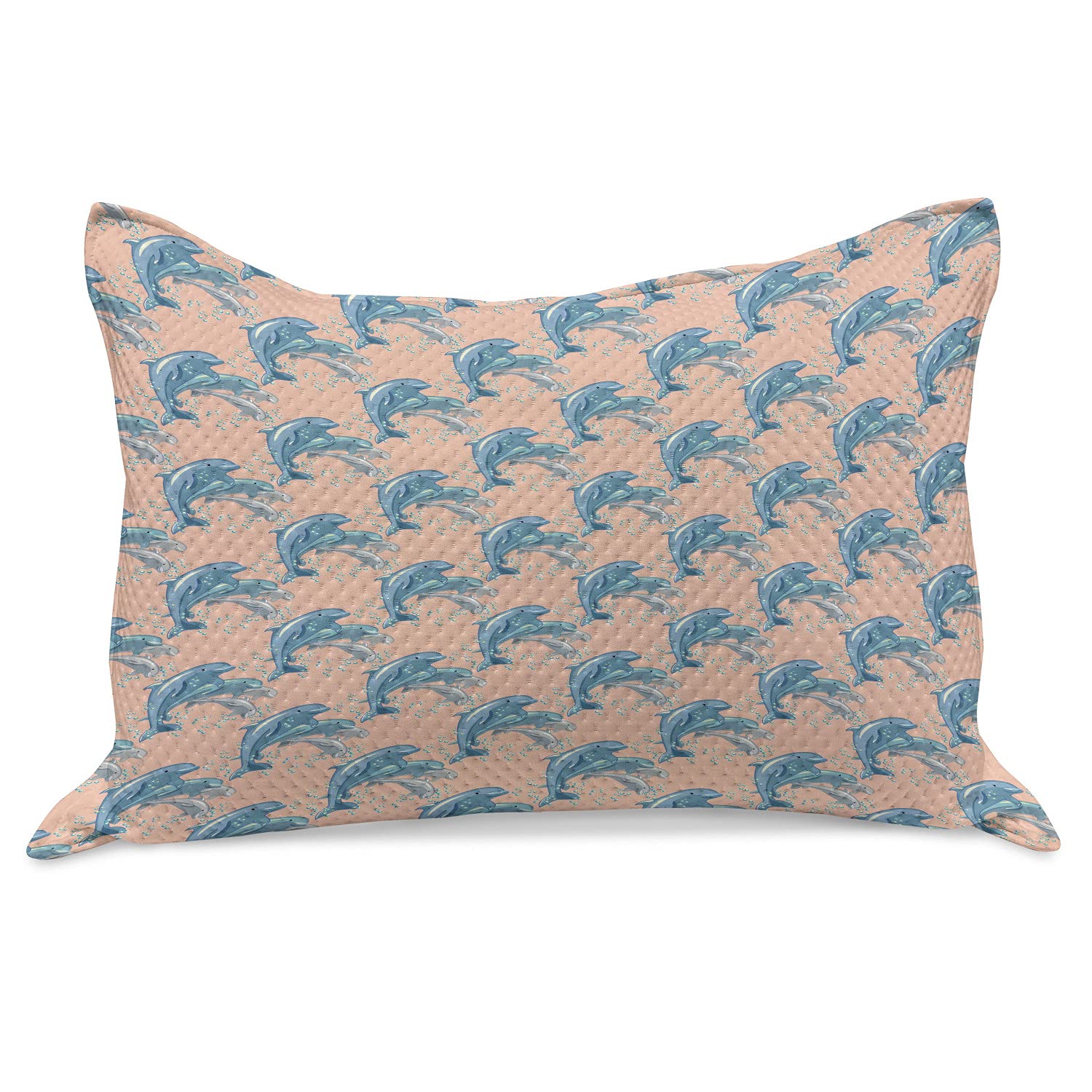 Lunarable Dolphin Knitted Quilt Pillow Cover - Happy Dolphins in Deep Ocean Cartoon Design with Pink Background & Bubbles - Standard King Size 36