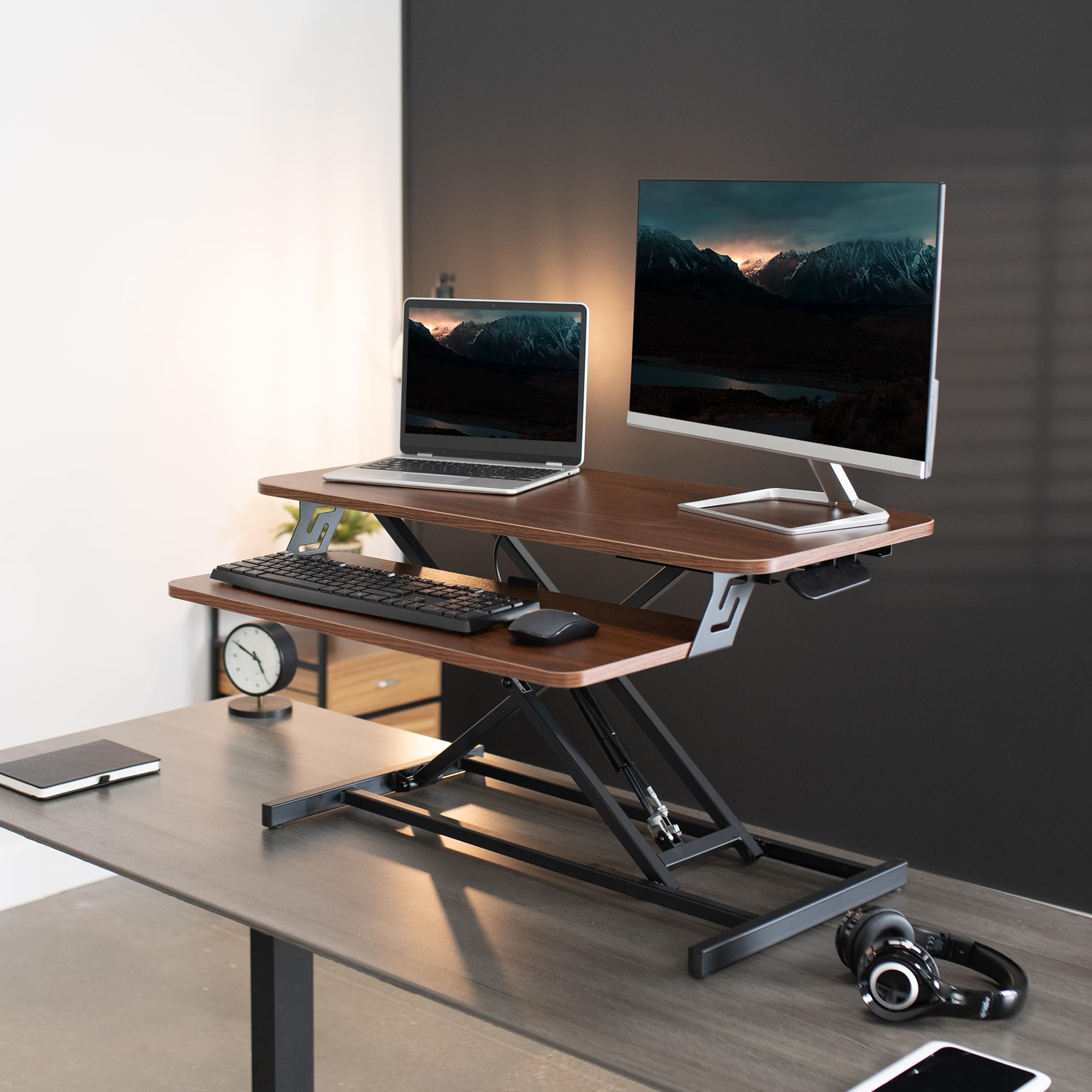 VIVO 32 Inch Height Adjustable Stand Up Desk Converter - Quick Sit to Stand Dual Monitor Riser Workstation with Dark Walnut Desktop & Black Frame (DESK-V000SD) - Perfect for Home Office, Gaming Setup, and Ergonomic Workspace