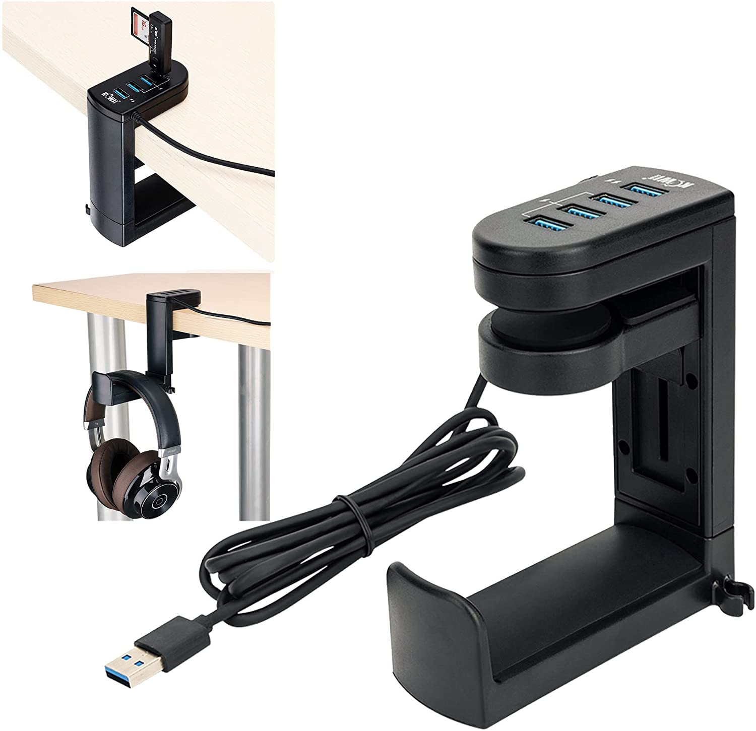 Kiorafoto 2-in-1 Under Desk Headphone Hook & 4-Port USB 3.0 Hub - 360° Rotating Gaming Headset Stand with High-Speed Data Transfer for PC, Laptop, and Multiple Devices | Perfect for Home Office, Gaming Setup, and Workspace Organization