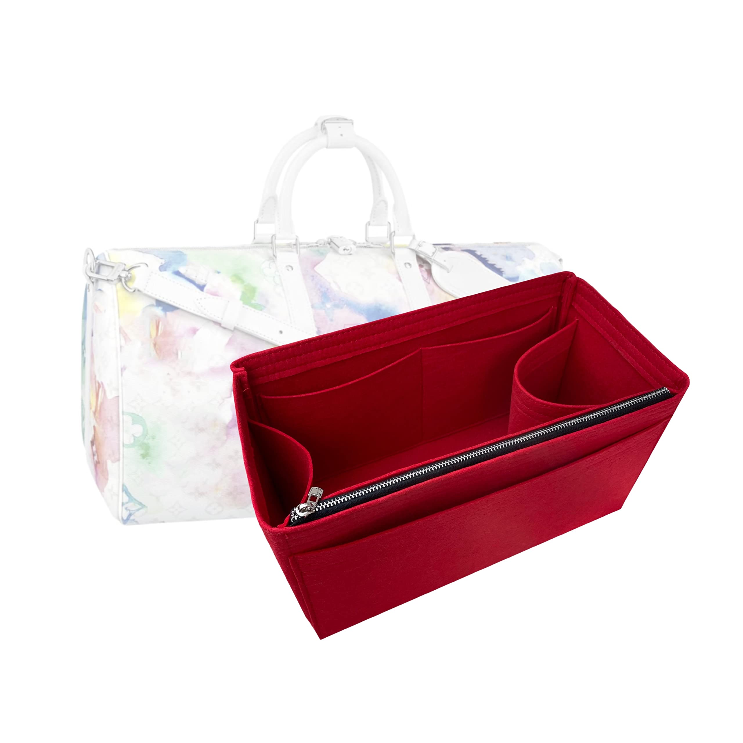Premium Keepall Bag Organizer Insert - Handmade 3mm Thick Double-Layered Base Shaper for Louis Vuitton Keepall 45 & 50 (Scarlet Red) | Felt Lining, Snug Fit, Sturdy Structure | Perfect for Travel, Business Trips & Weekend Getaways