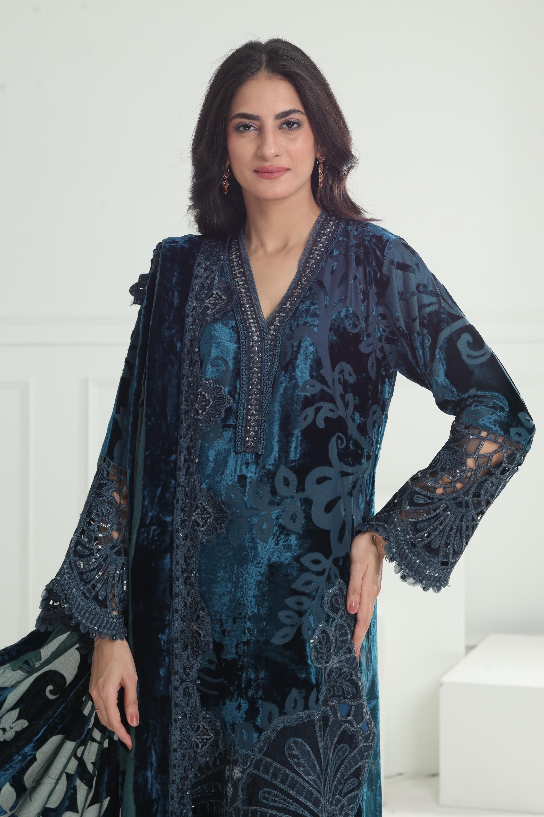 Maria B Winter Luxe Stitched Embroidered Dress - Elegant Party Wear for Women | Perfect for Holiday Gatherings, Weddings & Special Occasions