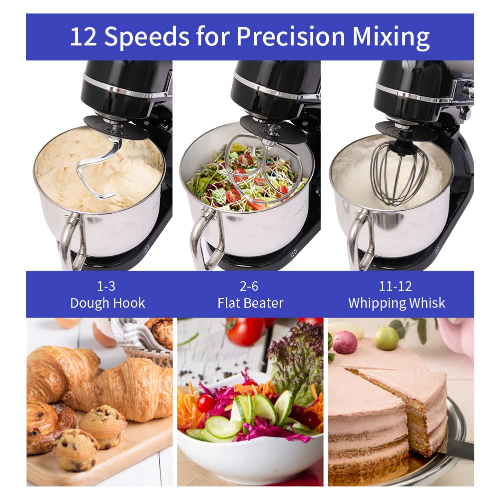 **6.3 Quart Stand Mixer with 300W DC Motor - 12 Speeds, Planetary Action, Digital Timer & Stainless Steel Bowl - Includes Dough Hook, Flat Beater, Whisk & Splash Guard (Black) - Perfect for Baking Bread, Cakes, Cookies & More**
